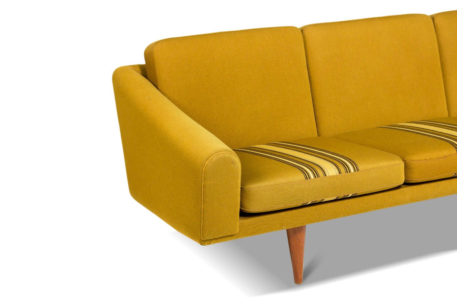 Mid-Century Modern Danish Modern Four Seat Sofa In Mustard Yellow Striped Wool