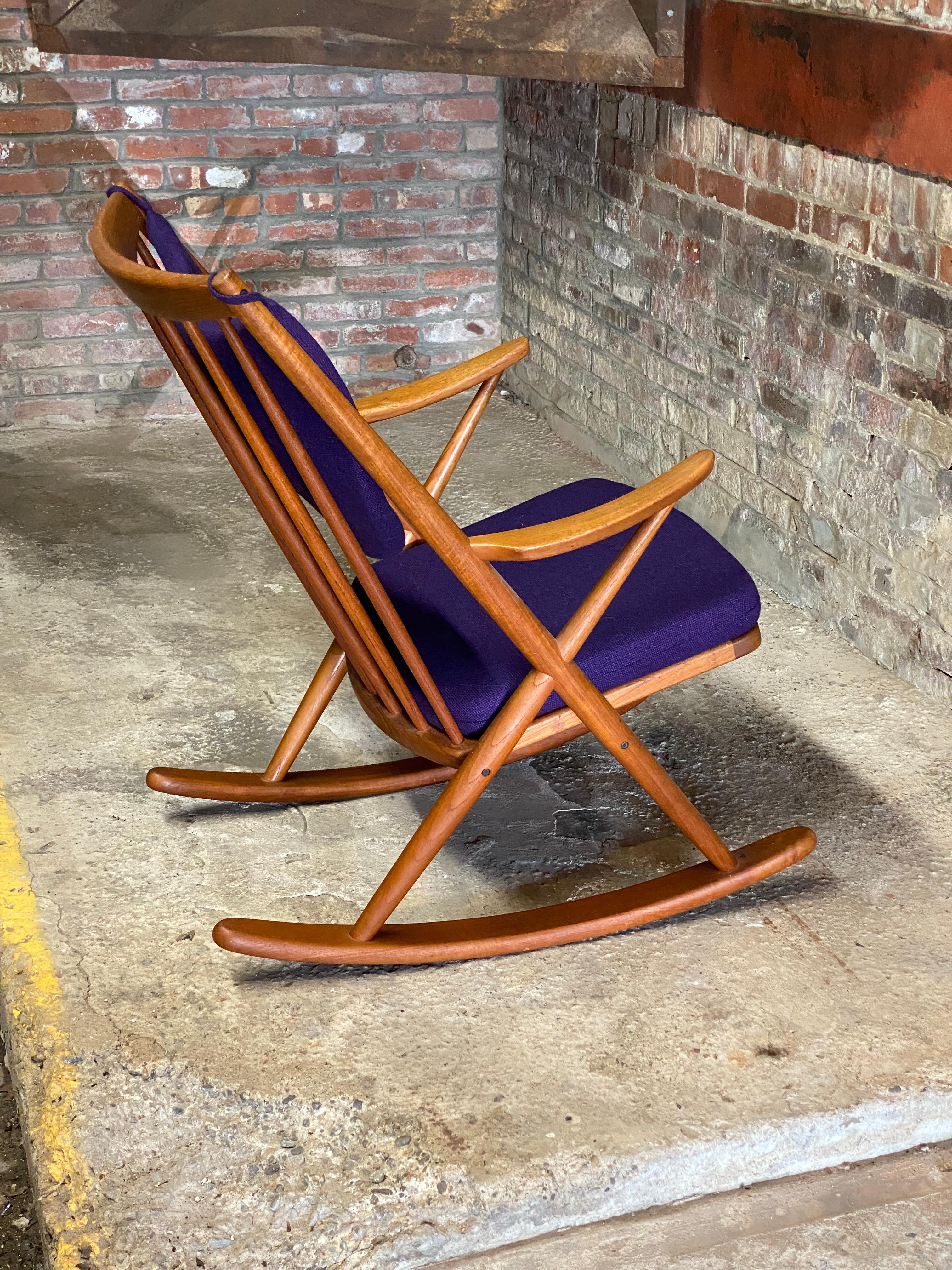 Fabric Danish Modern Frank Reenskaug for Bramin Teak Spindle Back Rocking Chair For Sale