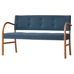 Danish Modern Fritz Hansen "Funkis" Sofa Bench in Beech & Blue Fabric, 1940s