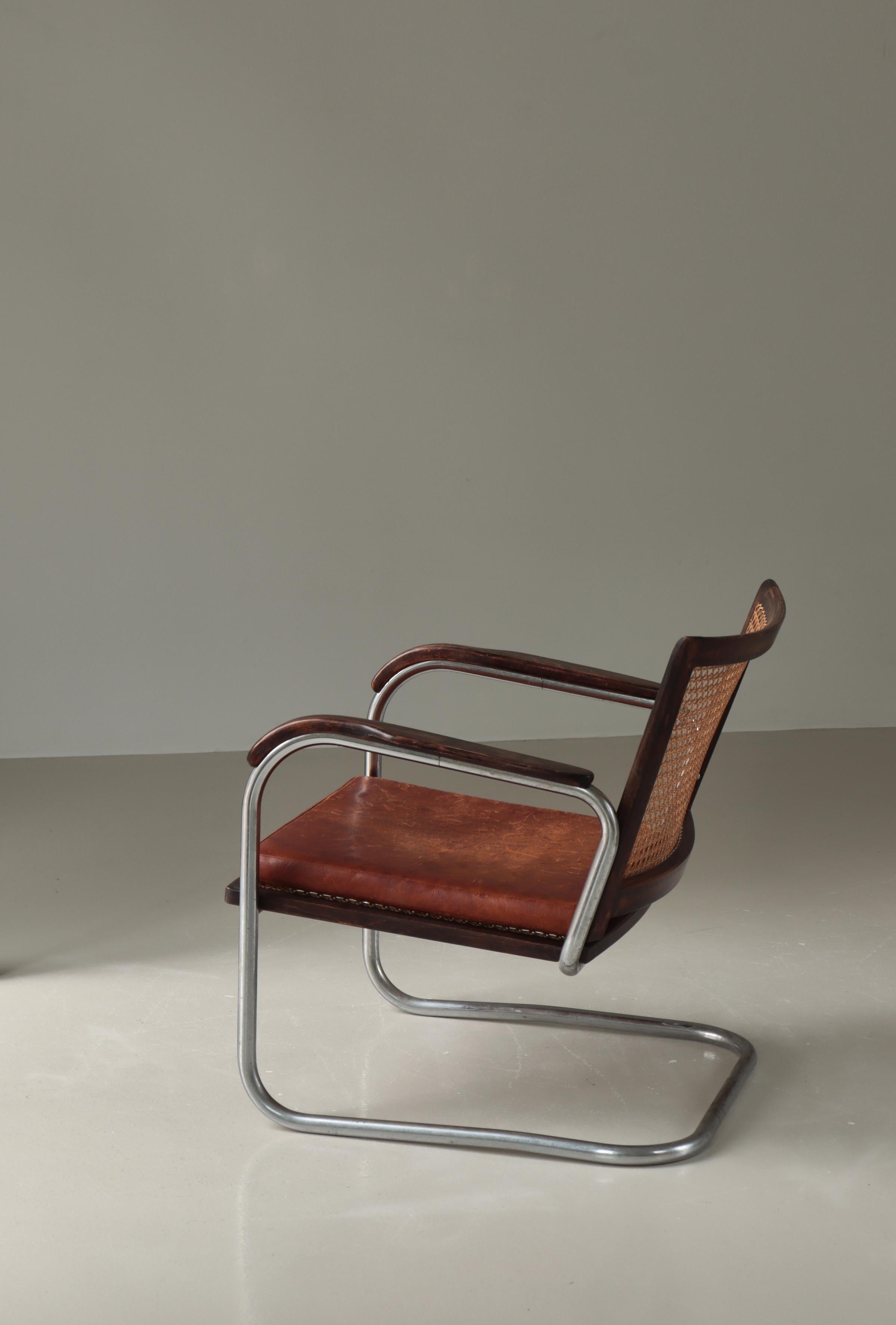 Chaise moderne danoise S-102 de Fritz Hansen en acier, cannage et cuir, années 1930 en vente 11