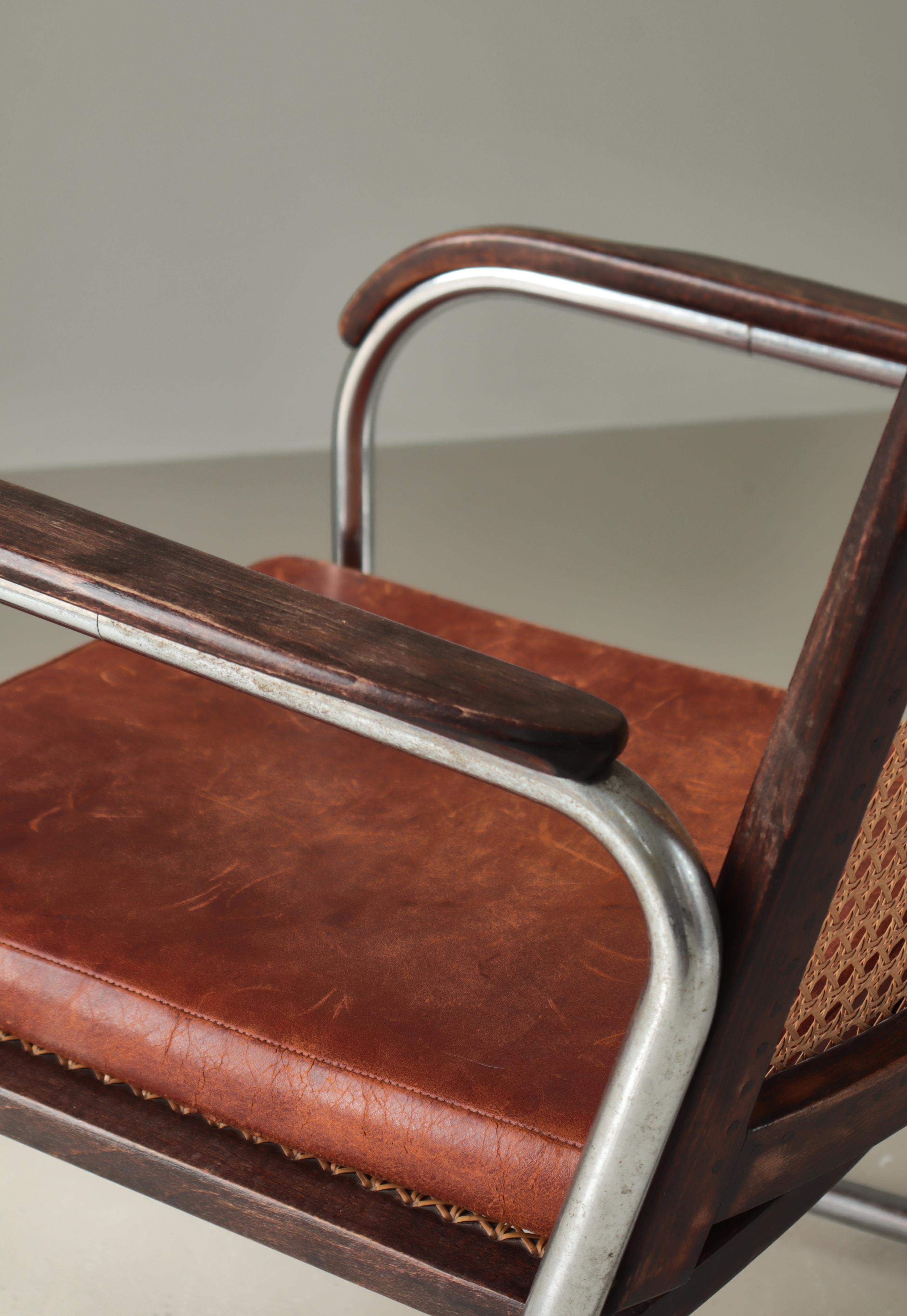 Chaise moderne danoise S-102 de Fritz Hansen en acier, cannage et cuir, années 1930 en vente 1