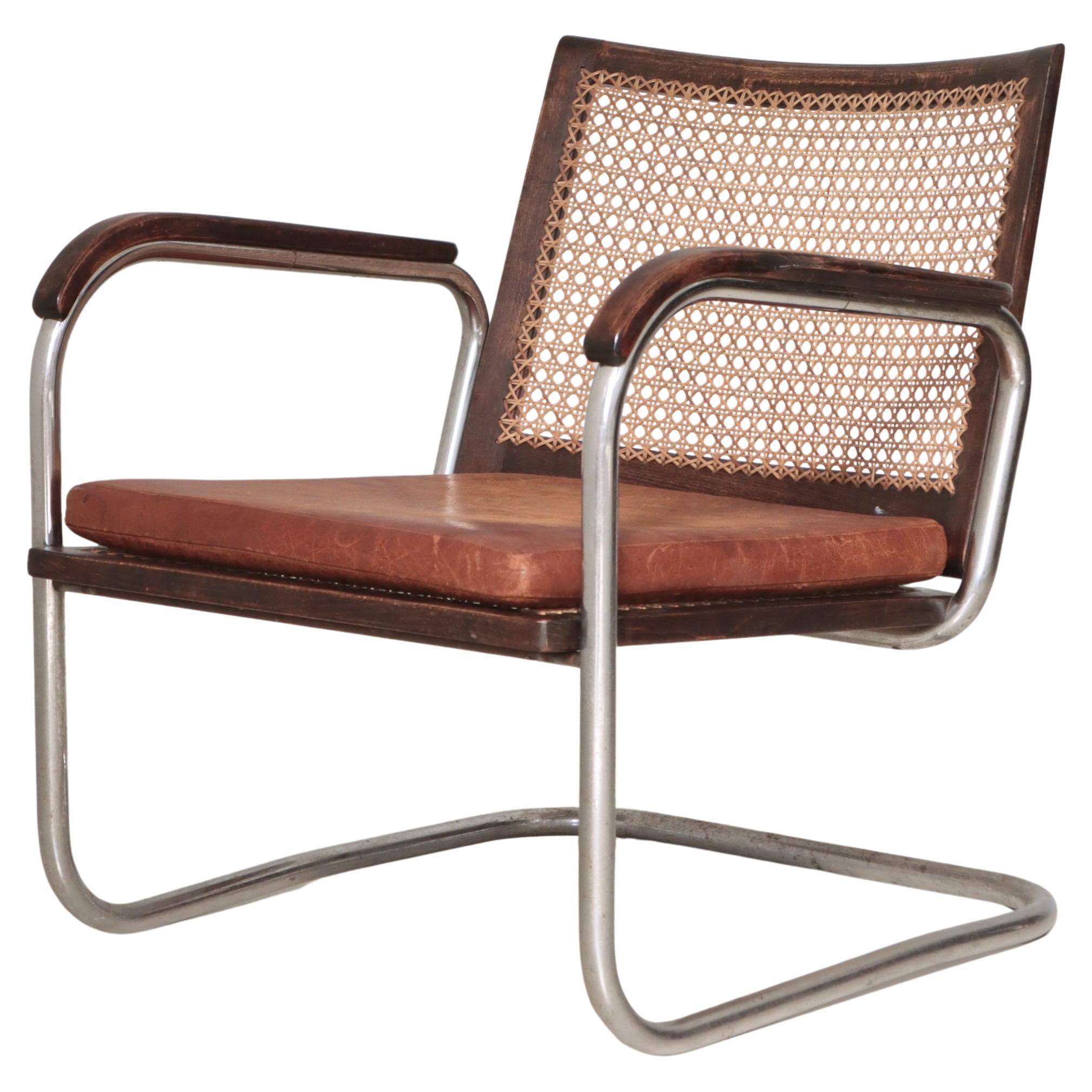 Chaise moderne danoise S-102 de Fritz Hansen en acier, cannage et cuir, années 1930 en vente