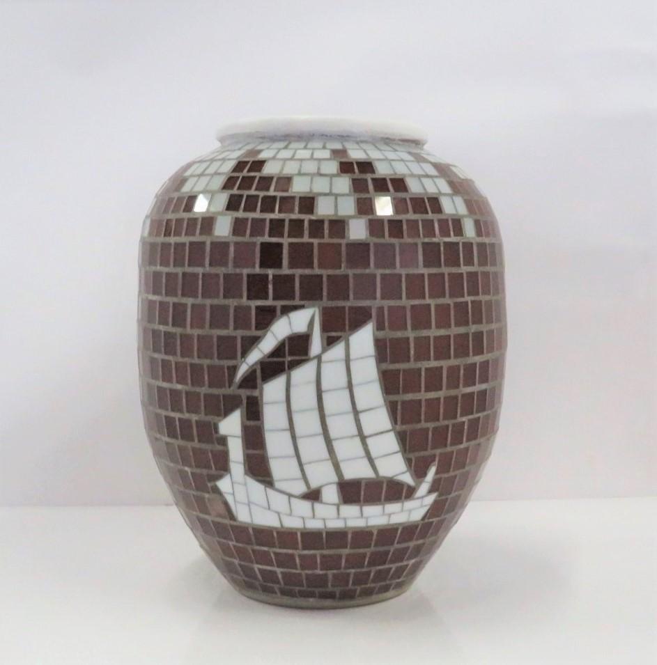 Danish Modern Glass Mosaic Vase with Viking Ship Decoration Heide 1950s Denmark 3