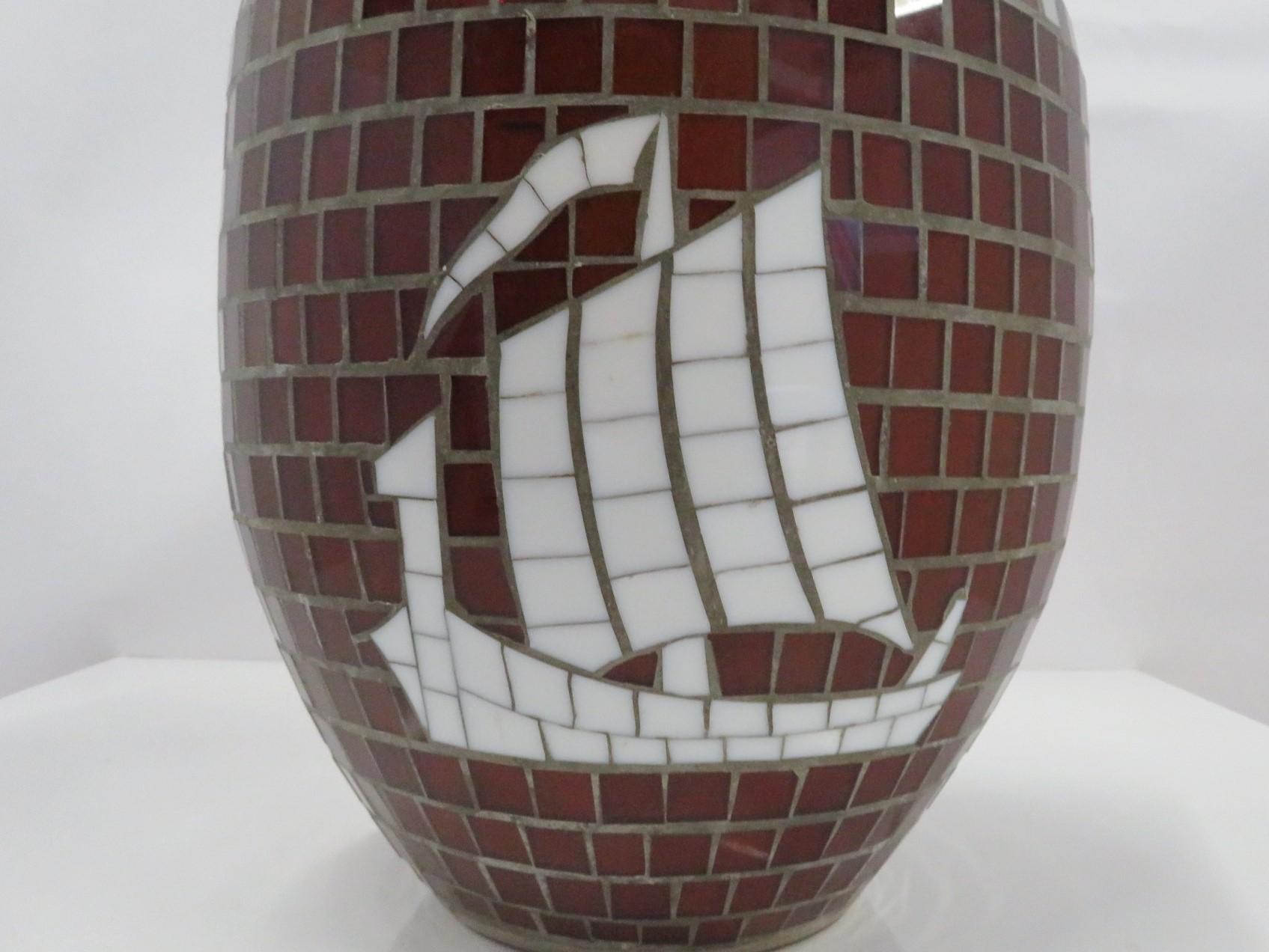 Danish Modern Glass Mosaic Vase with Viking Ship Decoration Heide 1950s Denmark 2