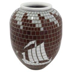 Danish Modern Glass Mosaic Vase with Viking Ship Decoration Heide 1950s Denmark