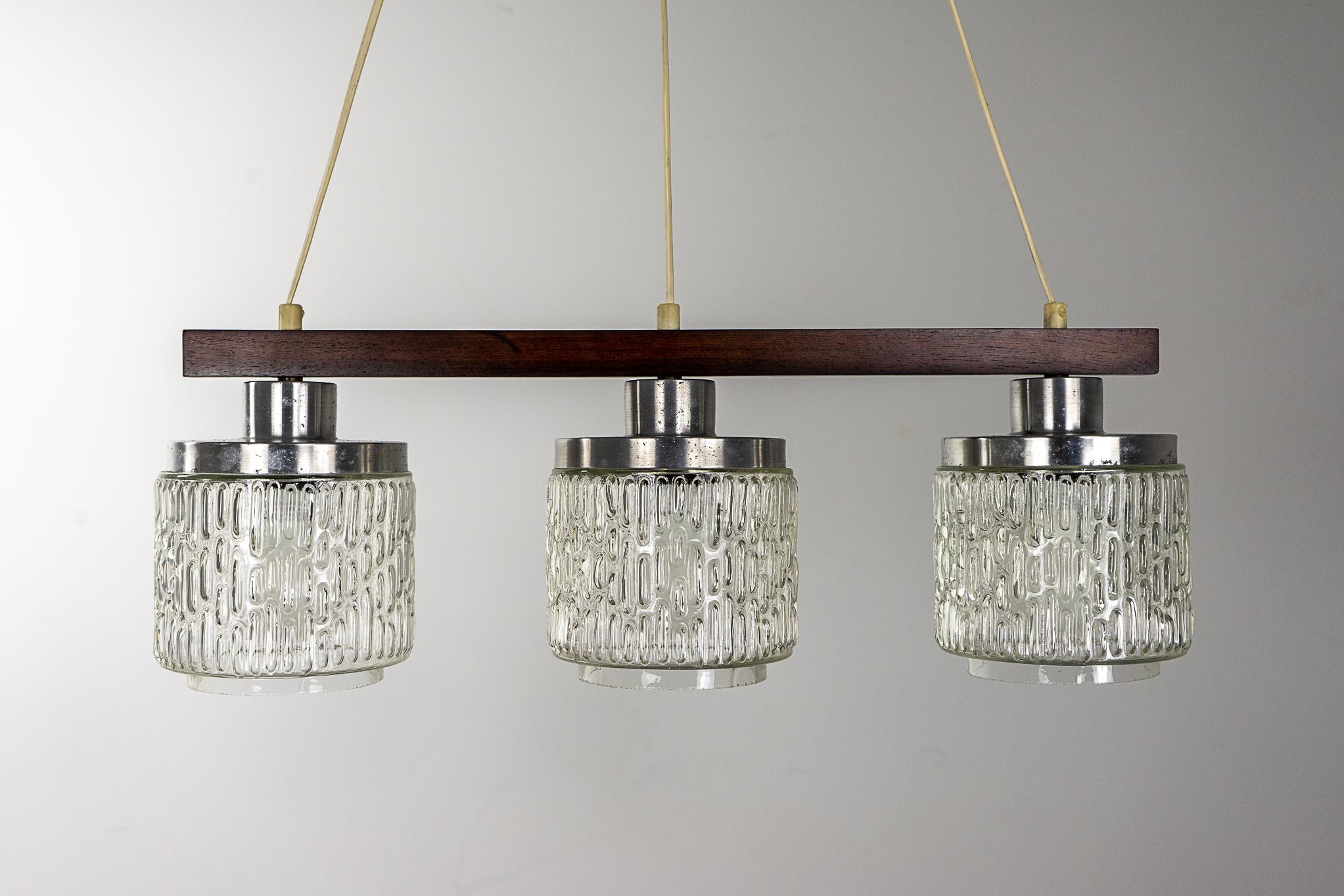 Scandinavian Modern Danish Modern Glass & Rosewood Three Pendant Light 