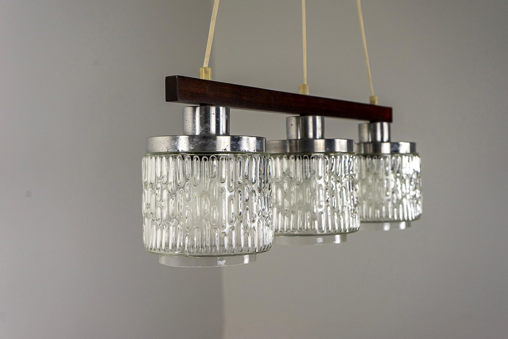 Mid-20th Century Danish Modern Glass & Rosewood Three Pendant Light  For Sale
