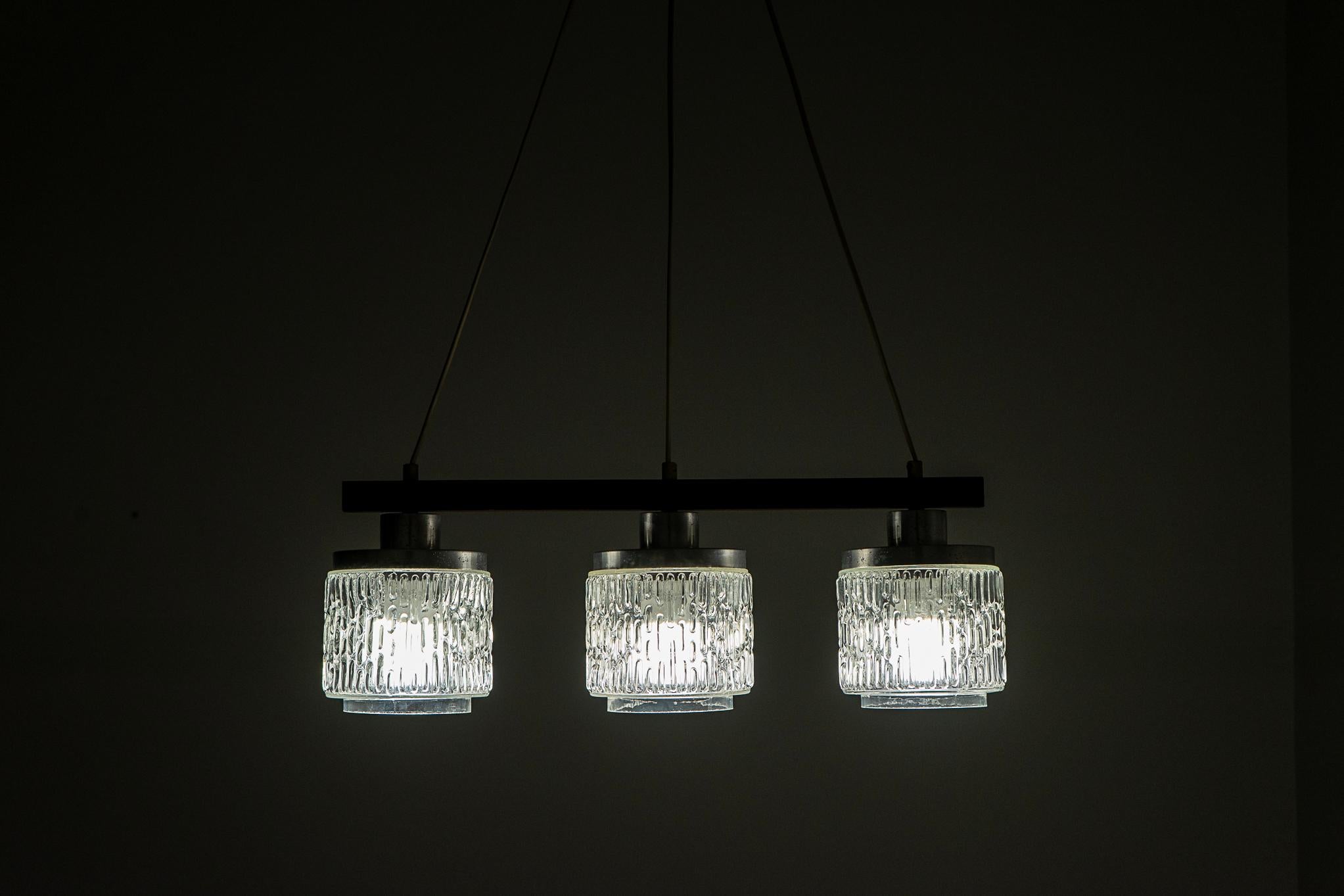 Danish Modern Glass & Rosewood Three Pendant Light  For Sale 3