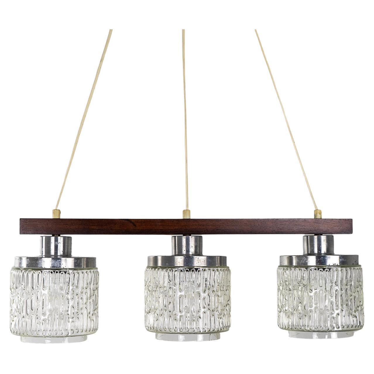 Danish Modern Glass & Rosewood Three Pendant Light 