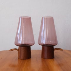 Danish Modern Glass Teak Cane Hurricane Lanterns