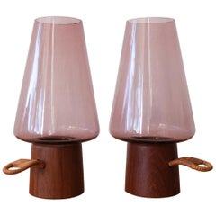 Danish Modern Glass Teak Cane Hurricane Lanterns