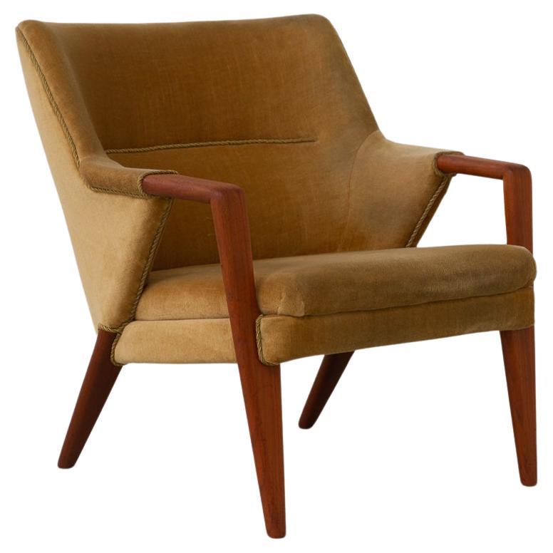 Danish Modern Golden Velvet Lounge Chair by Kurt Olsen, 1950s.