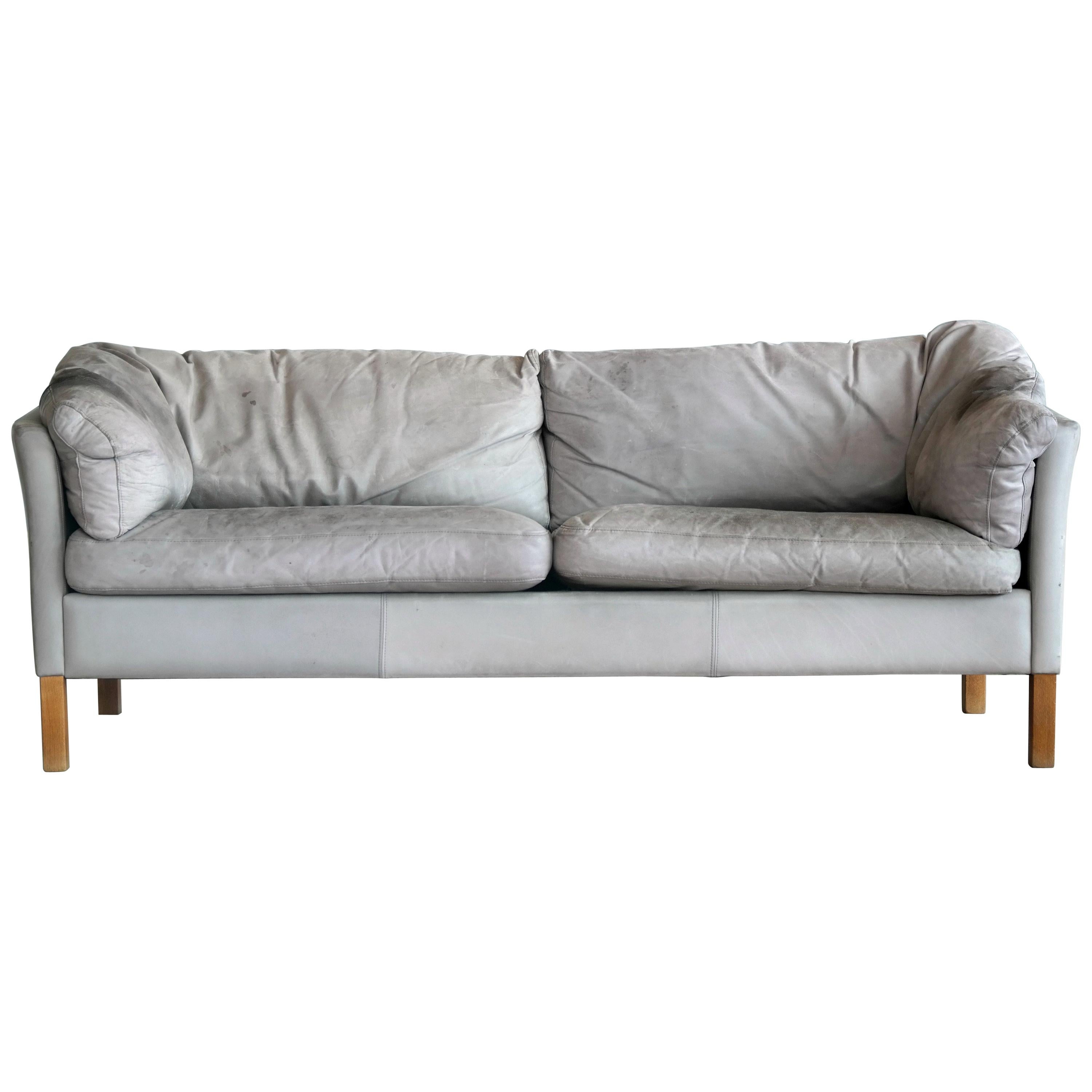Danish Modern Gray Leather Sofa Model 35 by Mogens Hansen