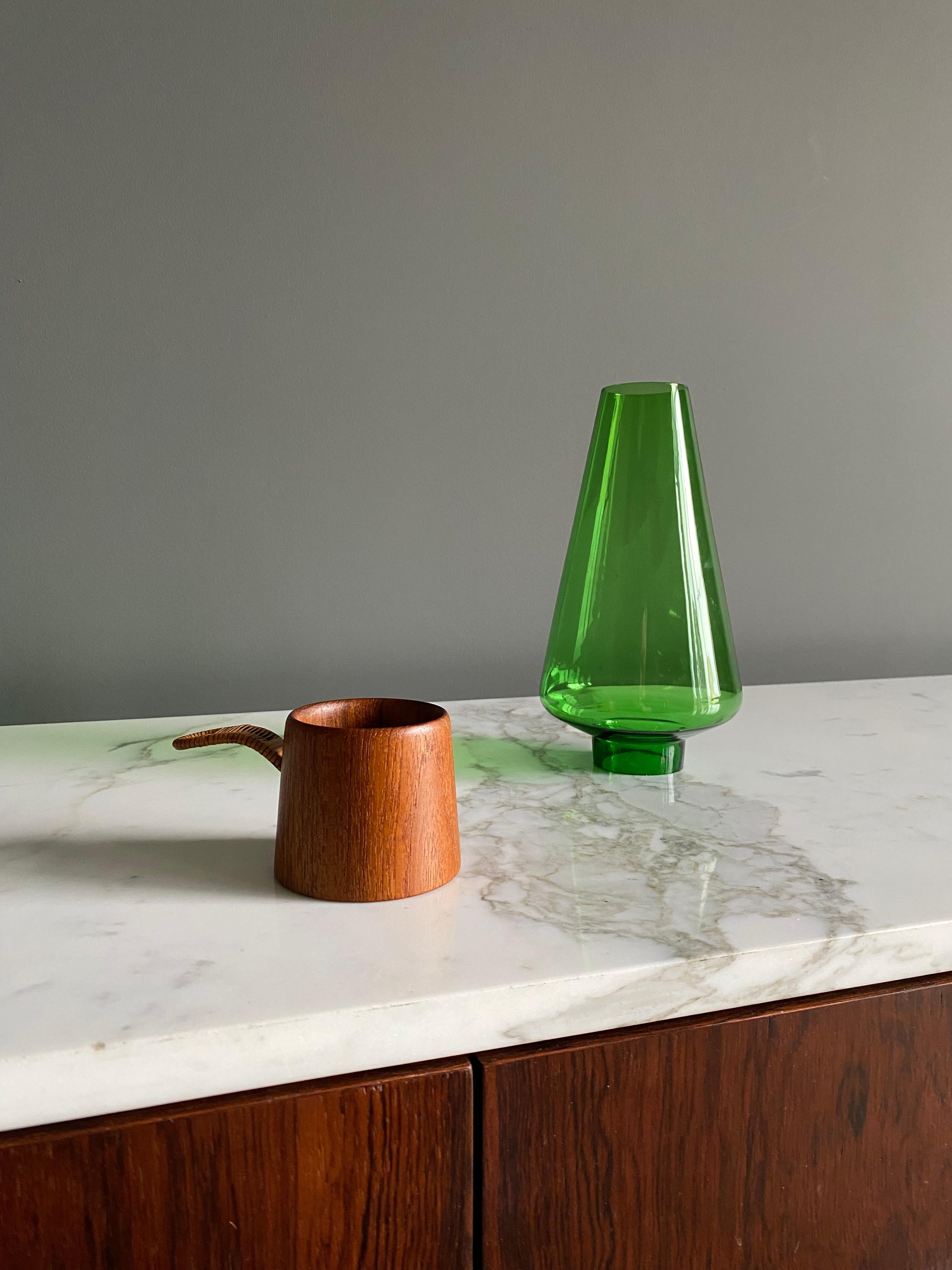 Danish Modern Green Glass & Teak Hurricane Lantern, 1960's 6