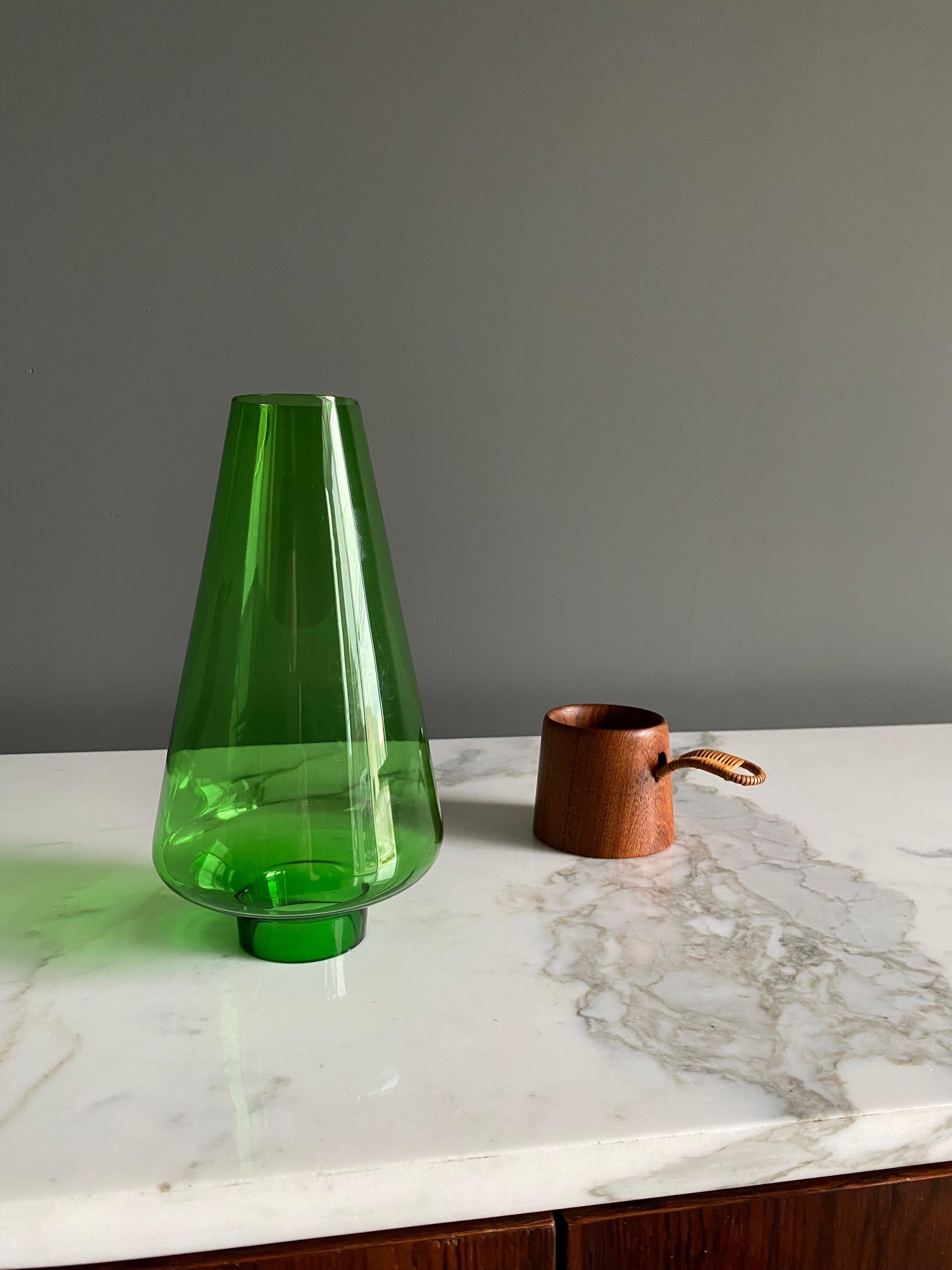 Danish Modern Green Glass & Teak Hurricane Lantern, 1960's  7