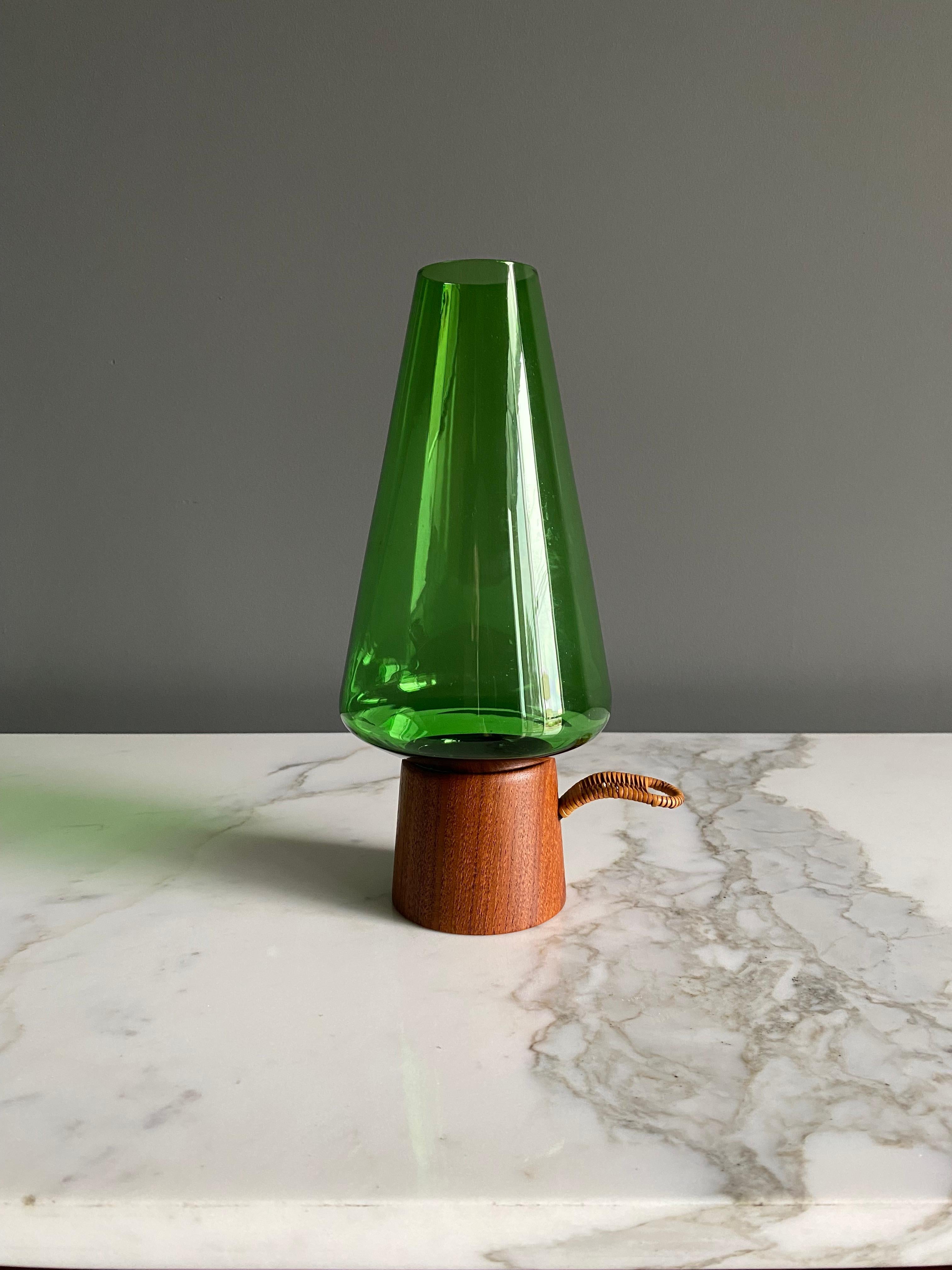 Danish Modern Green Glass & Teak Hurricane Lantern, 1960's  8