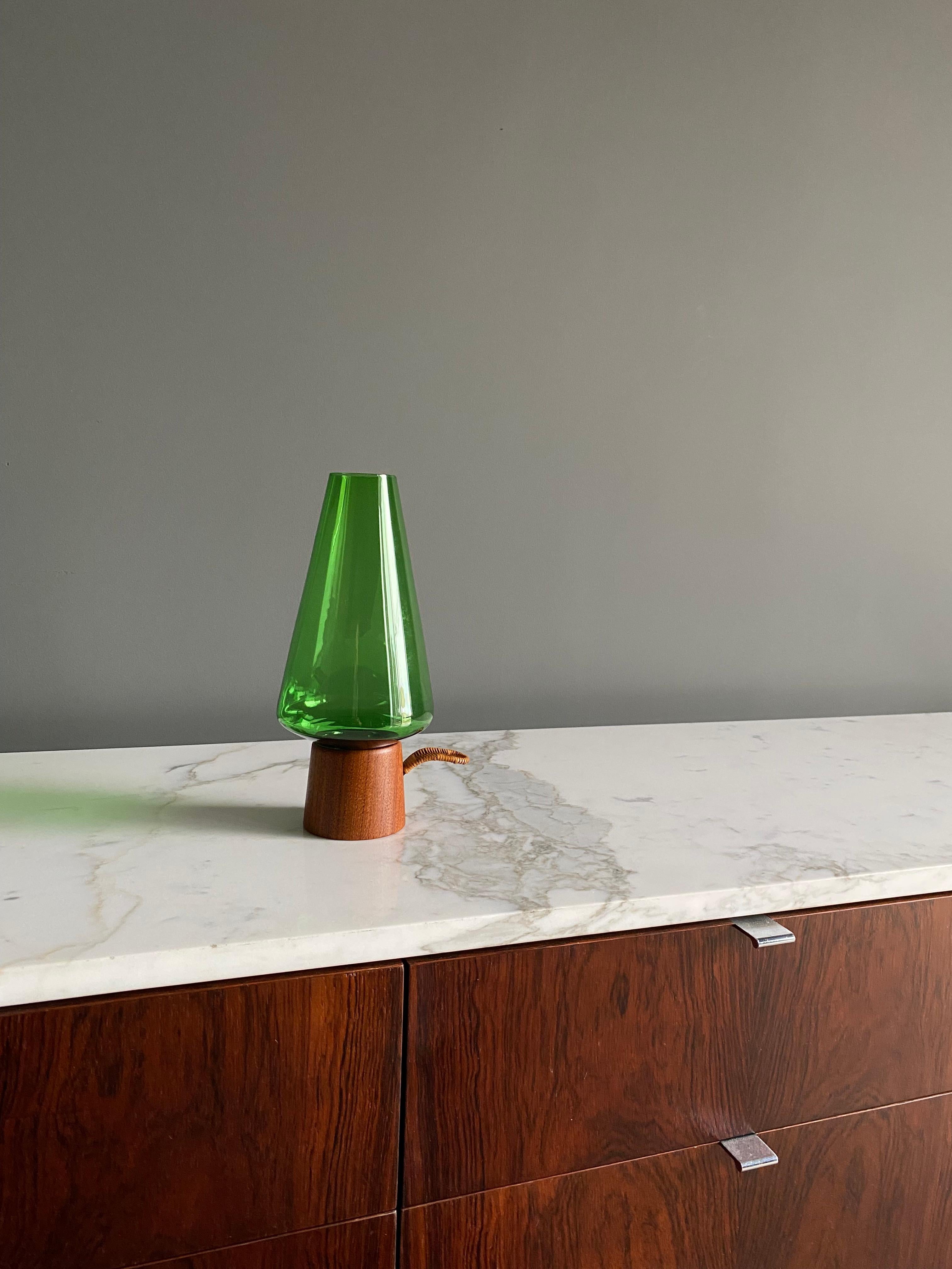 Danish Modern Green Glass & Teak Hurricane Lantern, 1960's 9
