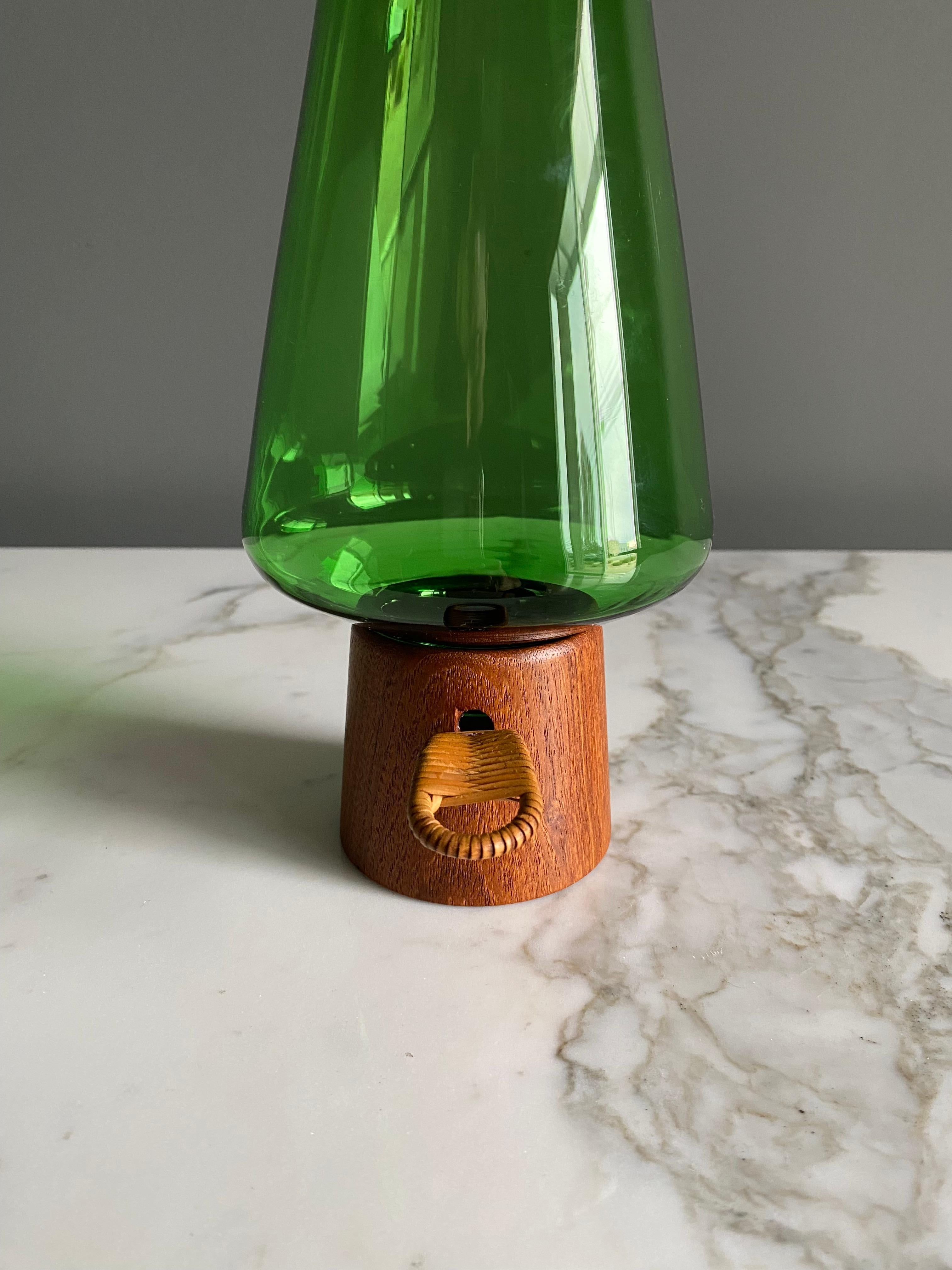 Danish Modern Green Glass & Teak Hurricane Lantern, 1960's  10