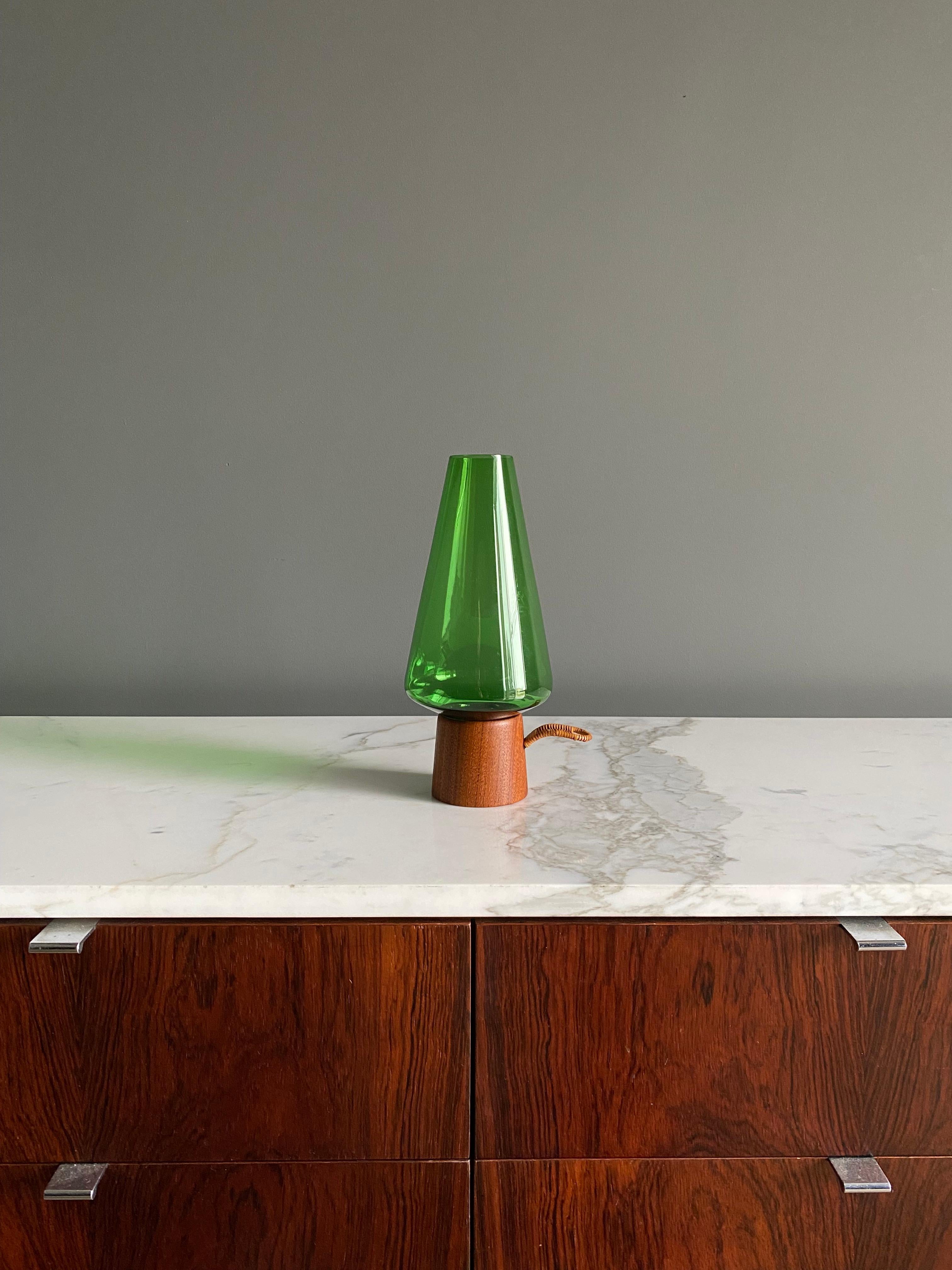 Danish Modern Green Glass & Teak Hurricane Lantern, 1960's  14