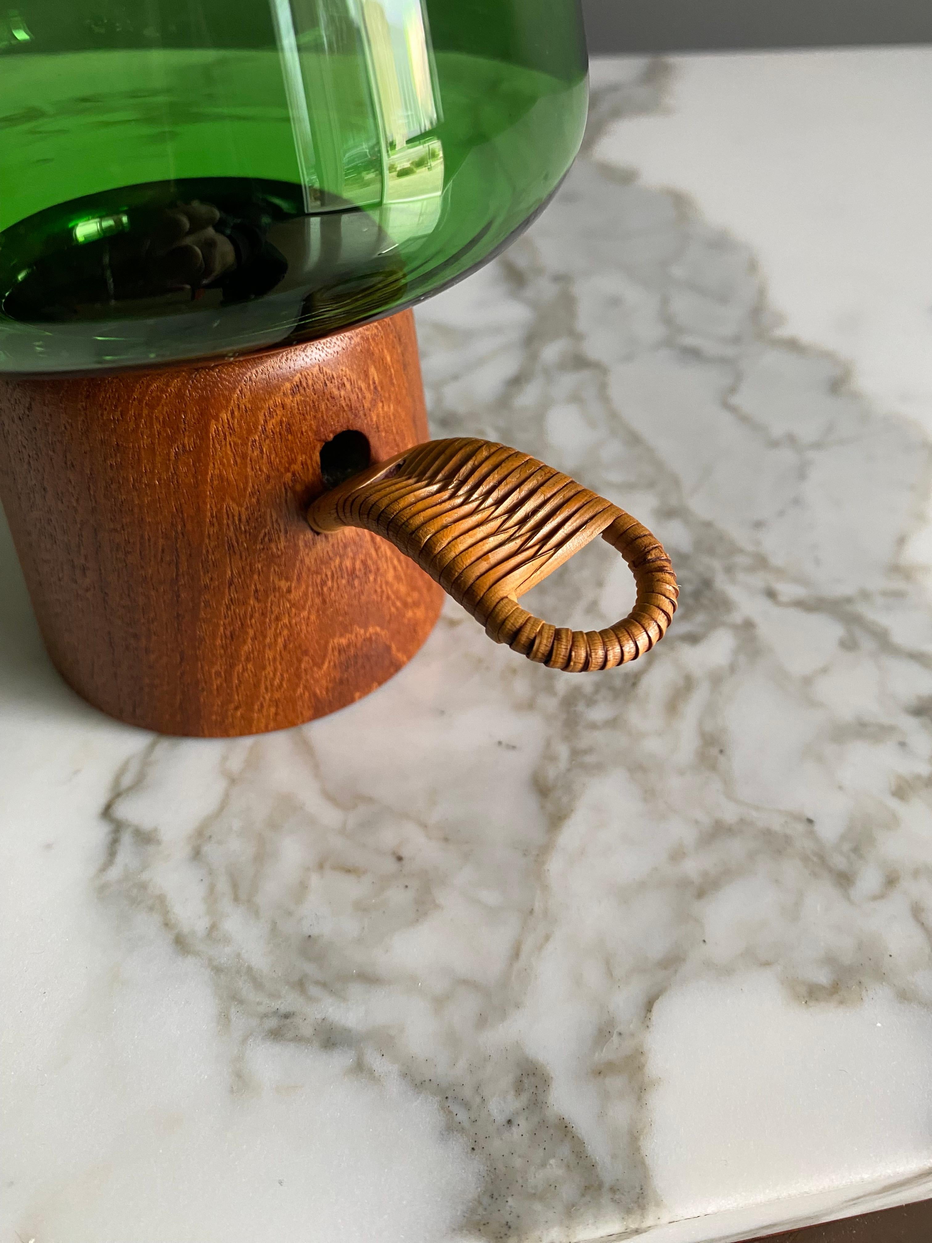 Mid-Century Modern Danish Modern Green Glass & Teak Hurricane Lantern, 1960's