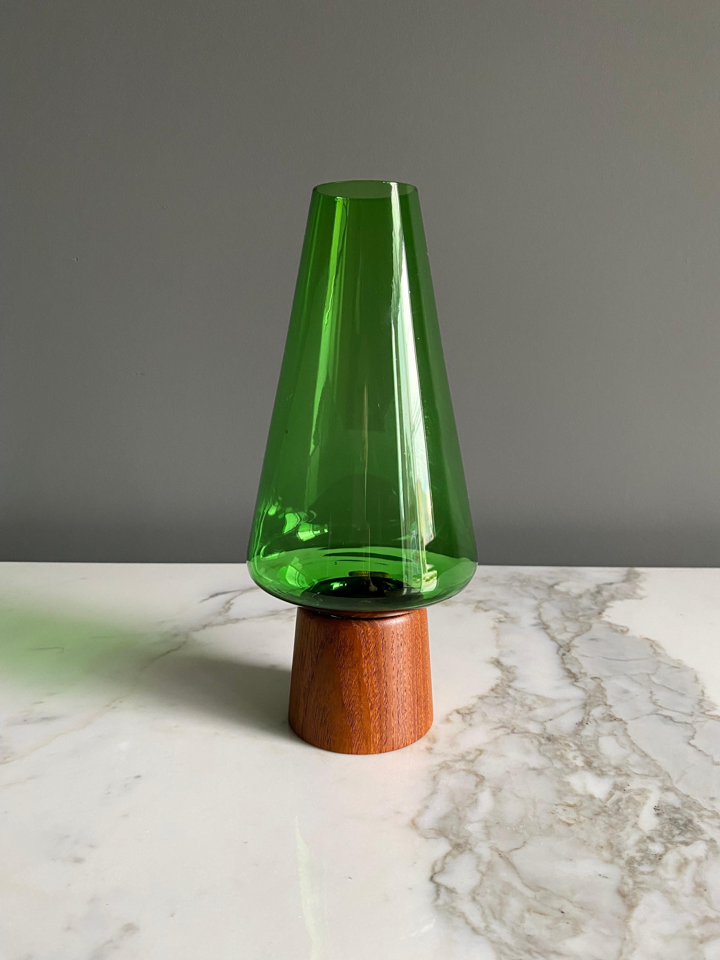 Danish Modern Green Glass & Teak Hurricane Lantern, 1960's  In Good Condition In Costa Mesa, CA