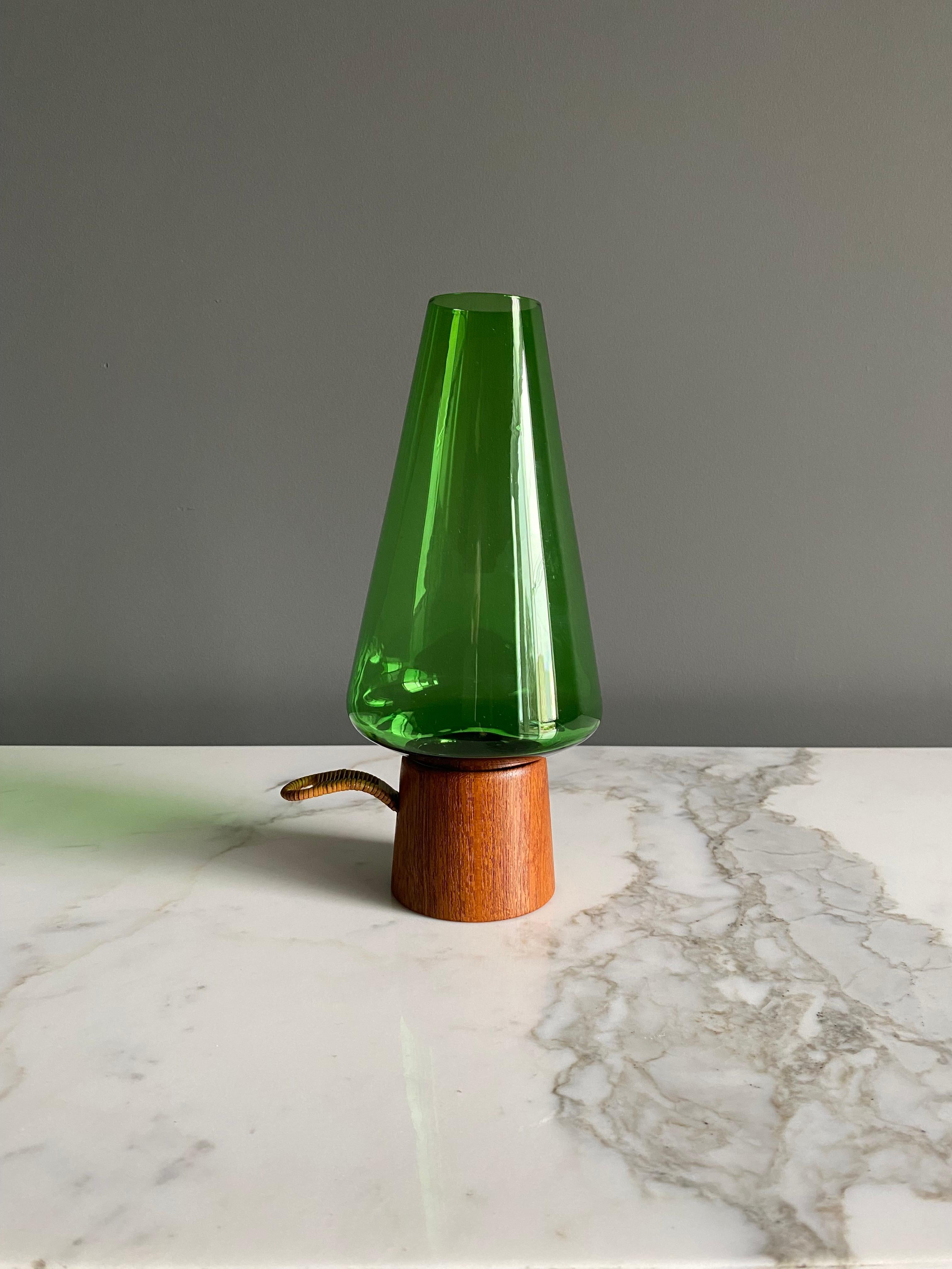 20th Century Danish Modern Green Glass & Teak Hurricane Lantern, 1960's 