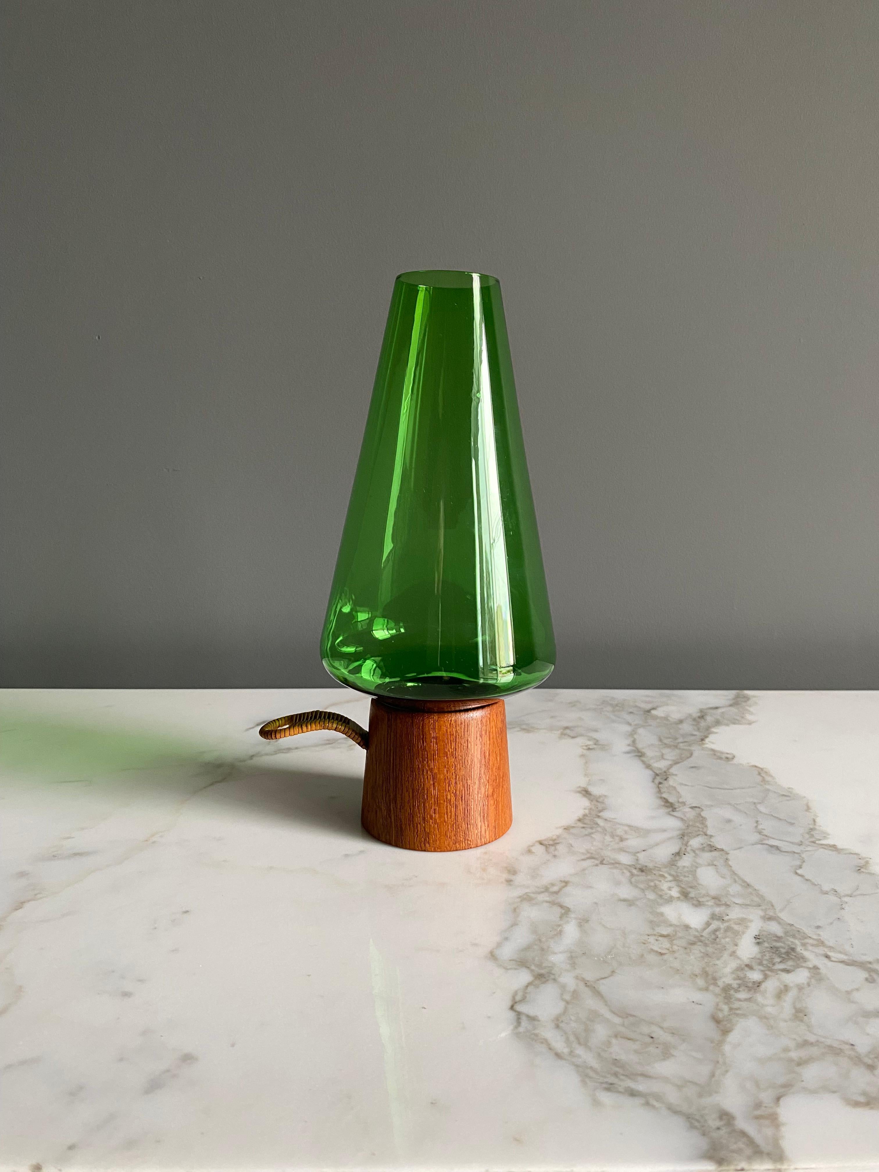 20th Century Danish Modern Green Glass & Teak Hurricane Lantern, 1960's