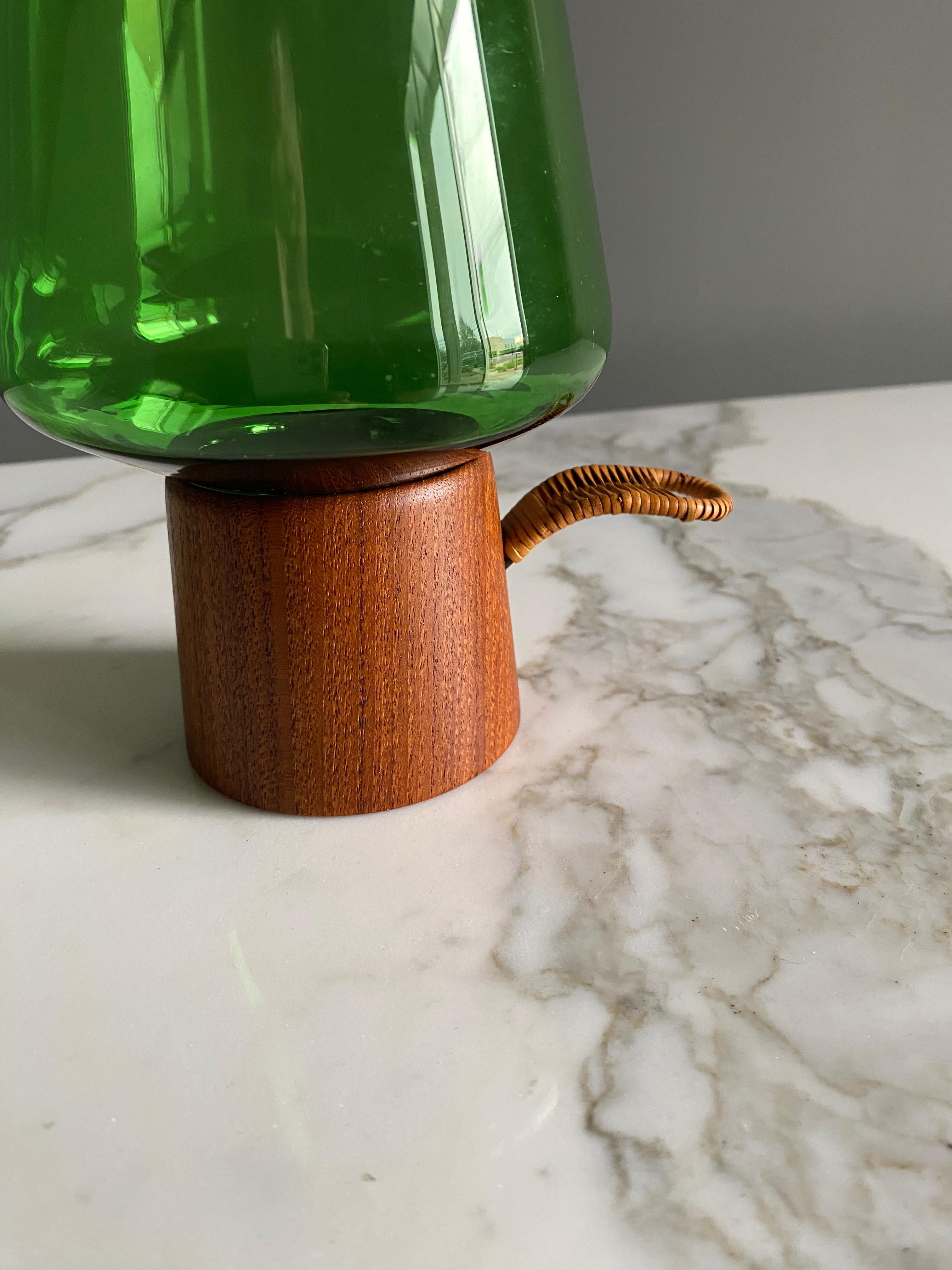 Danish Modern Green Glass & Teak Hurricane Lantern, 1960's  1