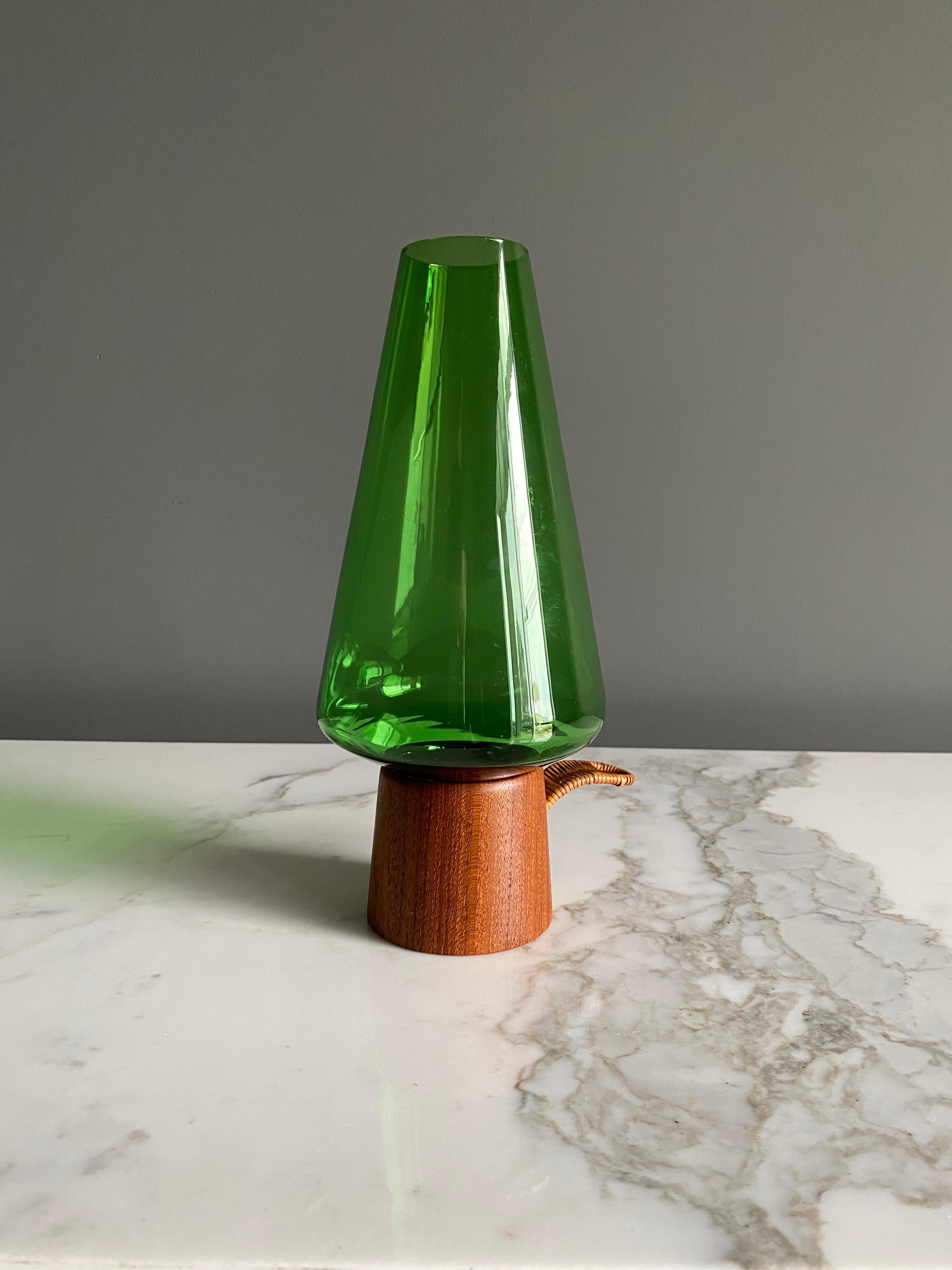 Danish Modern Green Glass & Teak Hurricane Lantern, 1960's  3