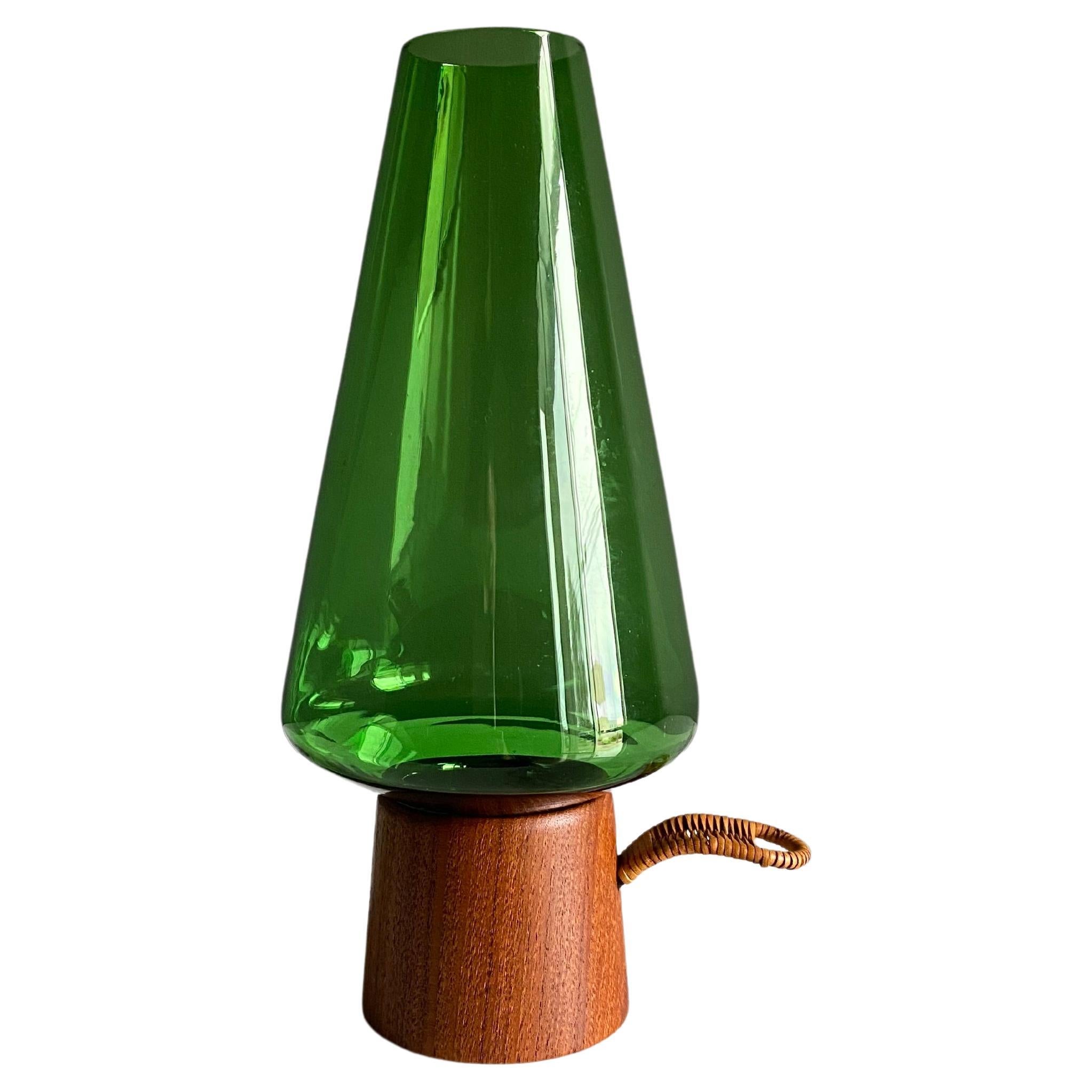 Danish Modern Green Glass & Teak Hurricane Lantern, 1960's 