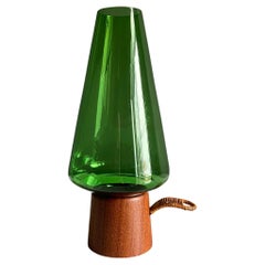 Vintage Danish Modern Green Glass & Teak Hurricane Lantern, 1960's 
