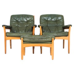 Danish Modern Green Leather Armchairs and Footstool, Set of Three