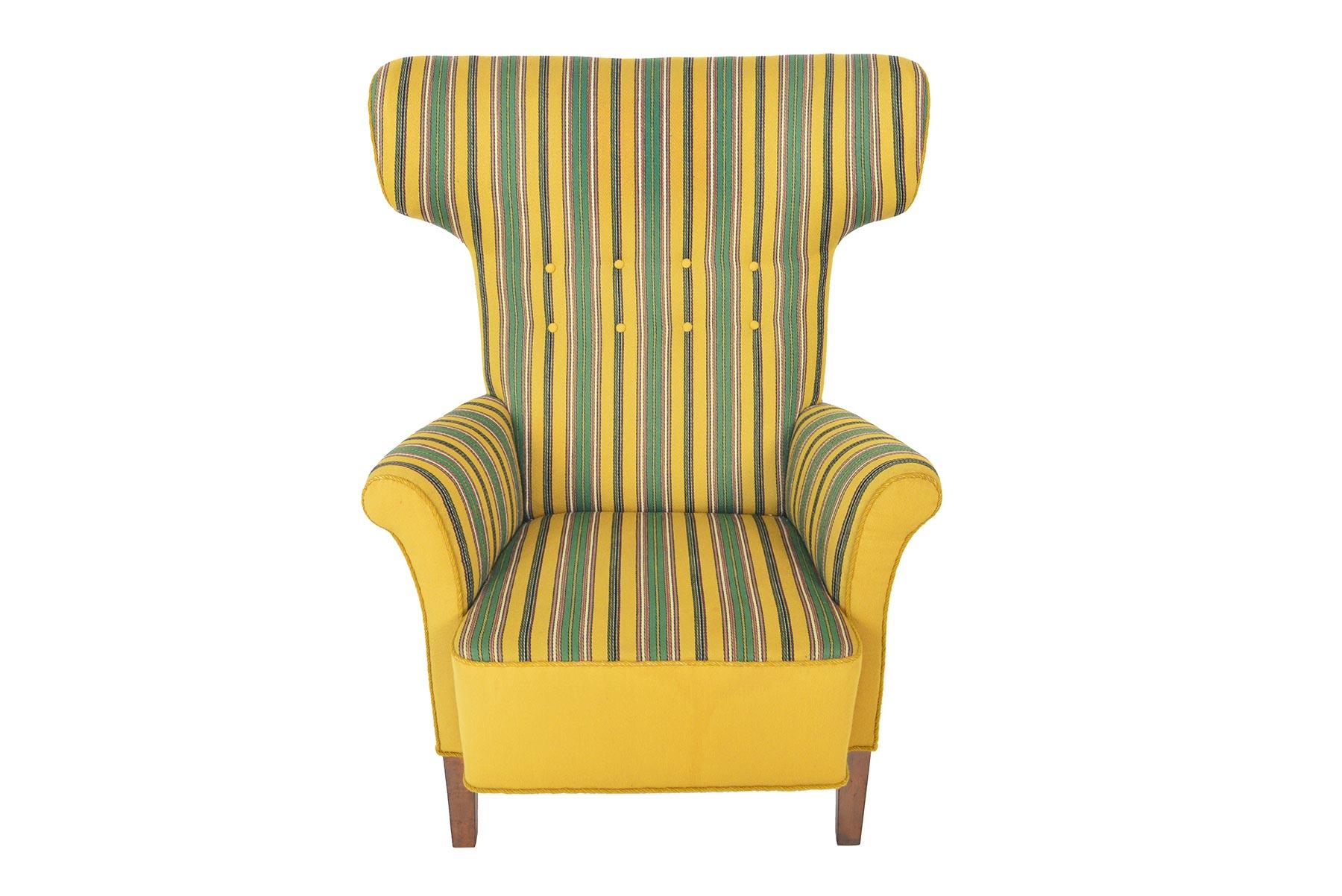 Scandinavian Modern Danish Modern Green Striped Wingback Lounge Chair