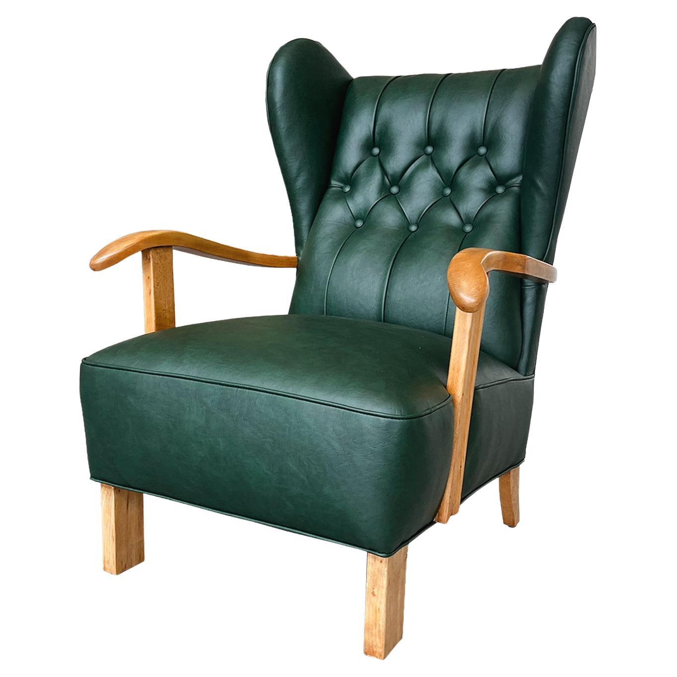 Sillón Wingback Danés Moderno de Vinilo Verde de Fritz Hansen