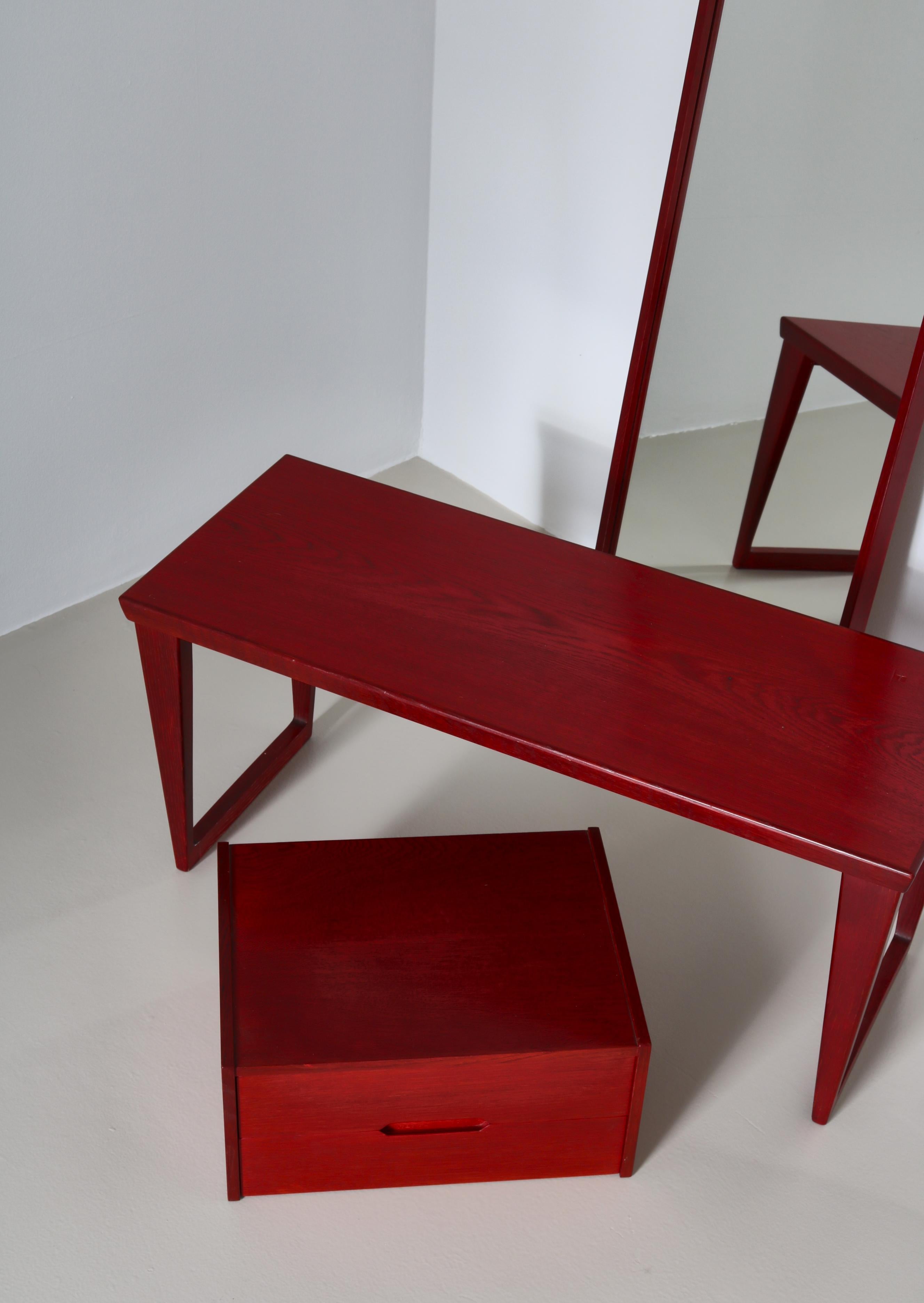 Stained Danish Modern Red Hallway Set Bench, Drawers & Mirror, Aksel Kjersgaard, 1960s For Sale