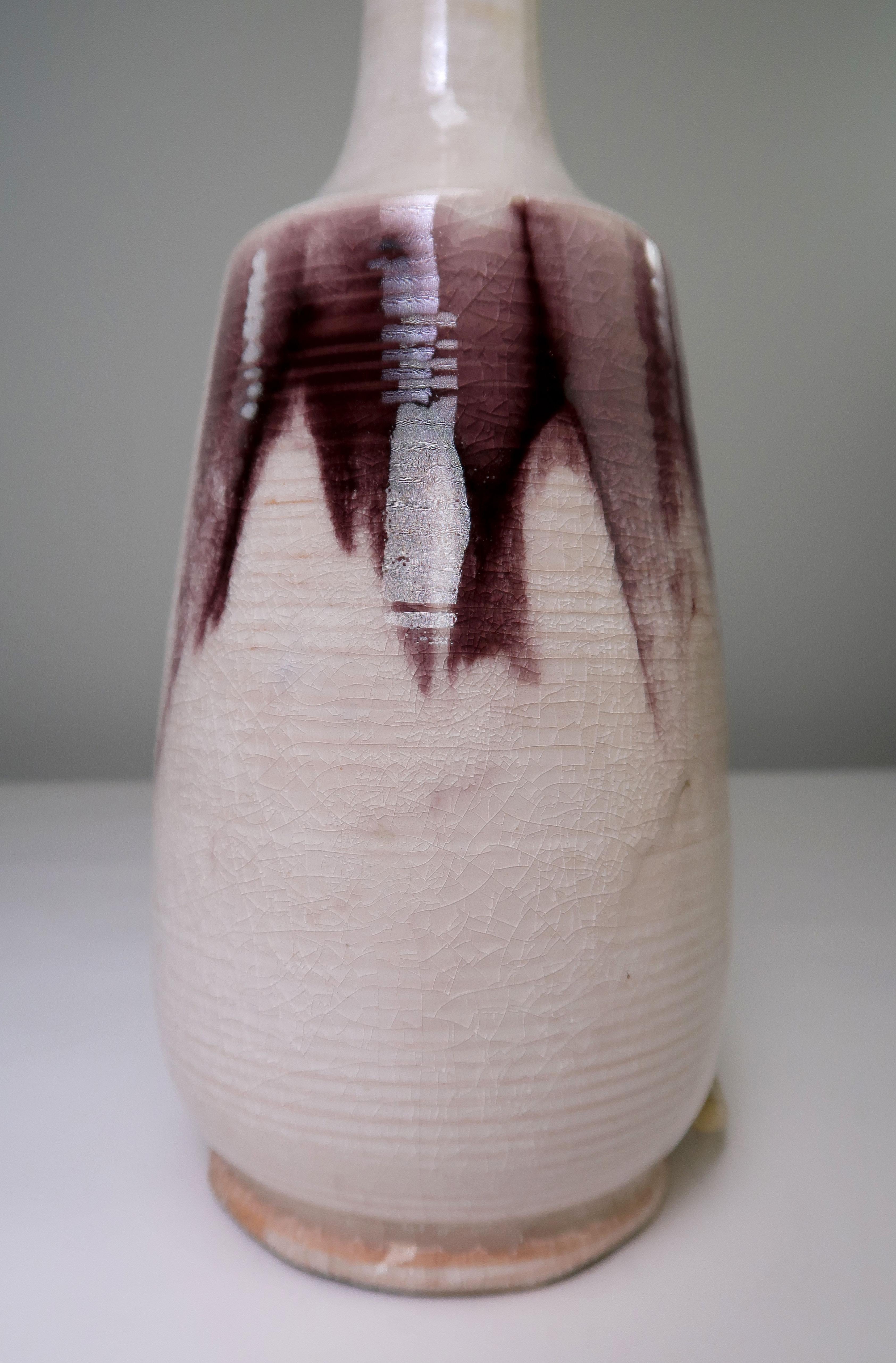 Hand-Painted Danish Modern Crackle Glaze White, Purple Ceramic Table Lamp, 1960s For Sale