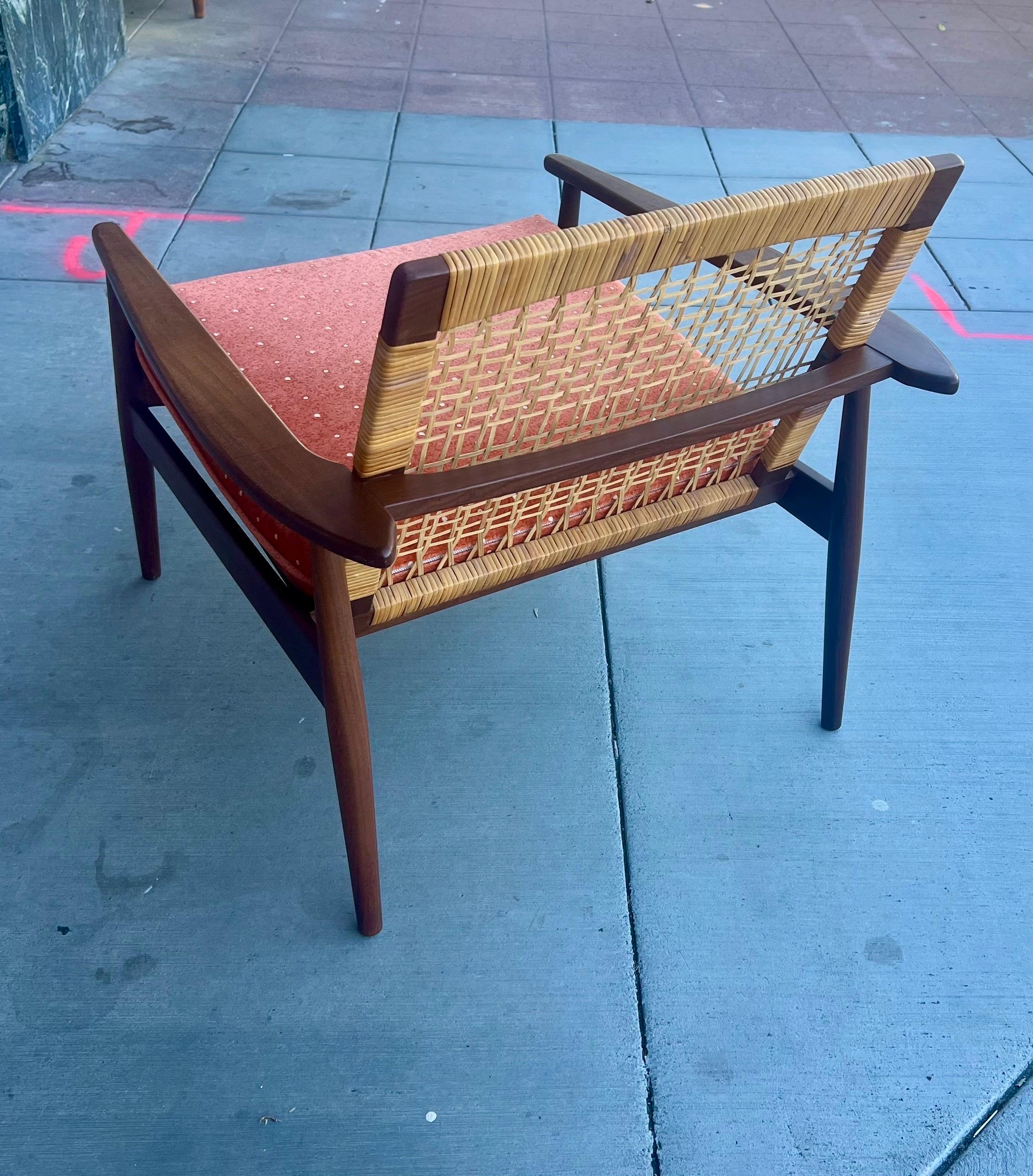 Scandinavian Modern Danish Modern Hans Olsen Teak and Cane Lounge Chair for Juul Kristensen For Sale