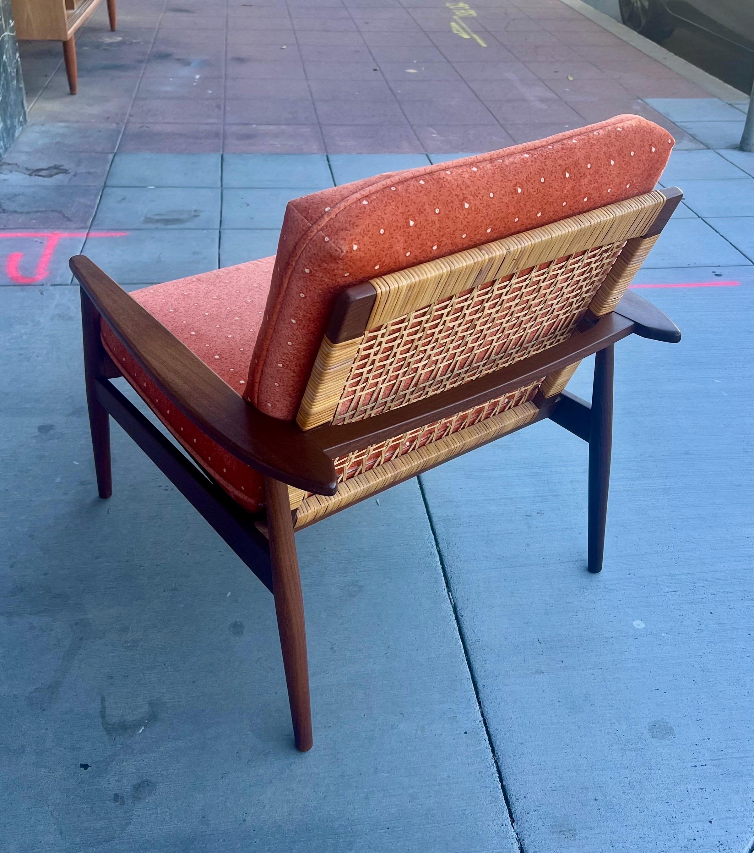 Caning Danish Modern Hans Olsen Teak and Cane Lounge Chair for Juul Kristensen For Sale