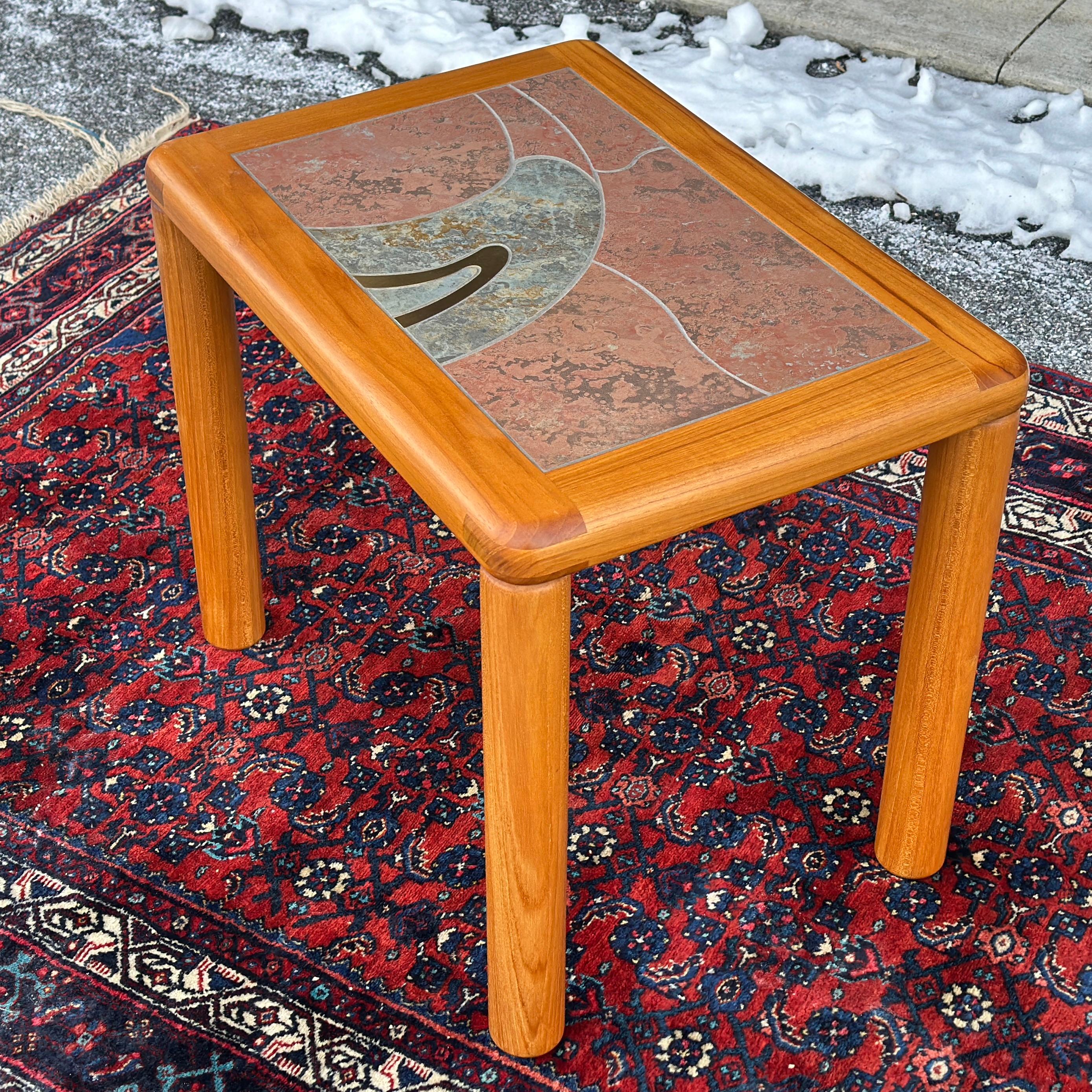 Danish Modern Haslev Teak Side Table With Tile & Brass Top by Tue Poulsen 5