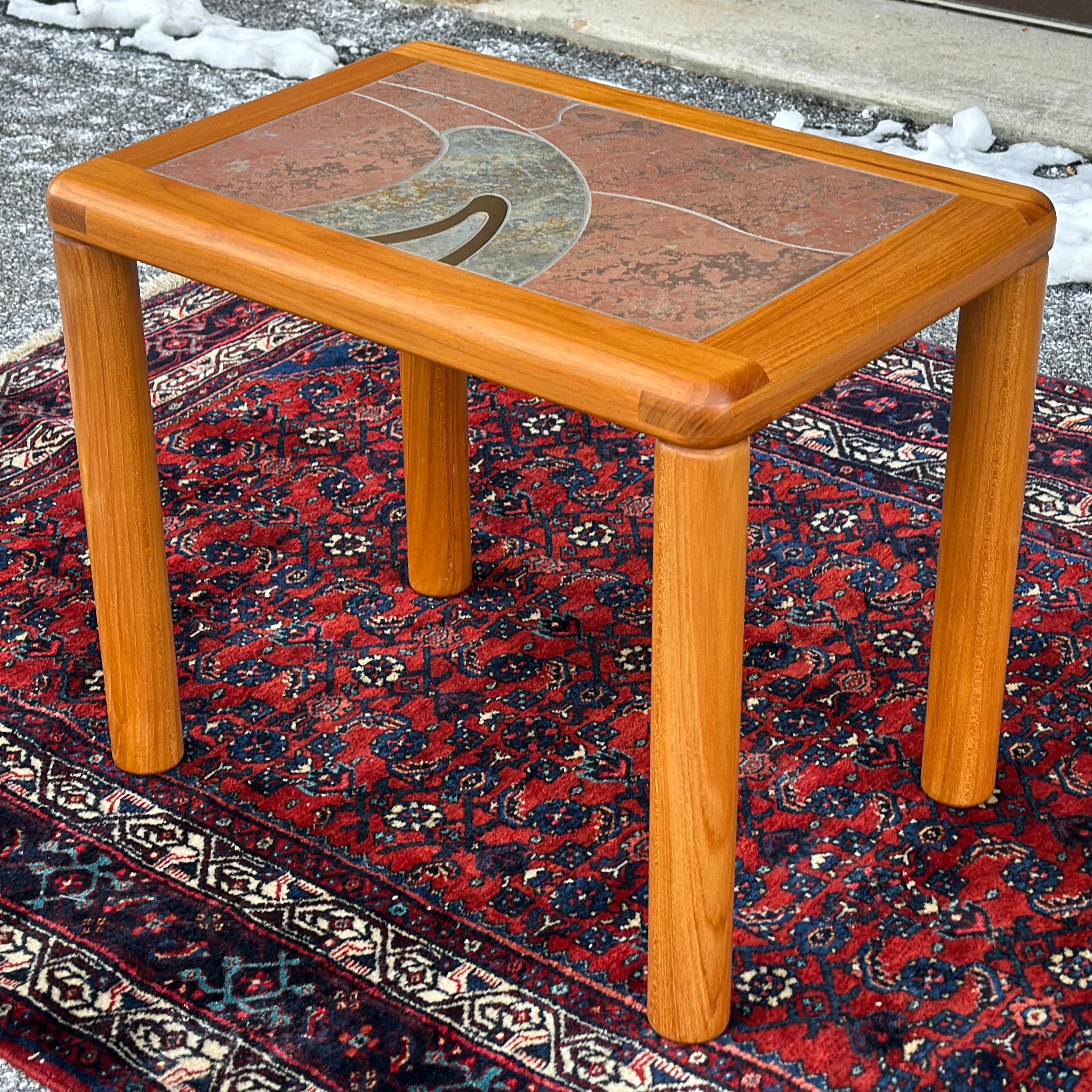 Scandinavian Modern Danish Modern Haslev Teak Side Table With Tile & Brass Top by Tue Poulsen