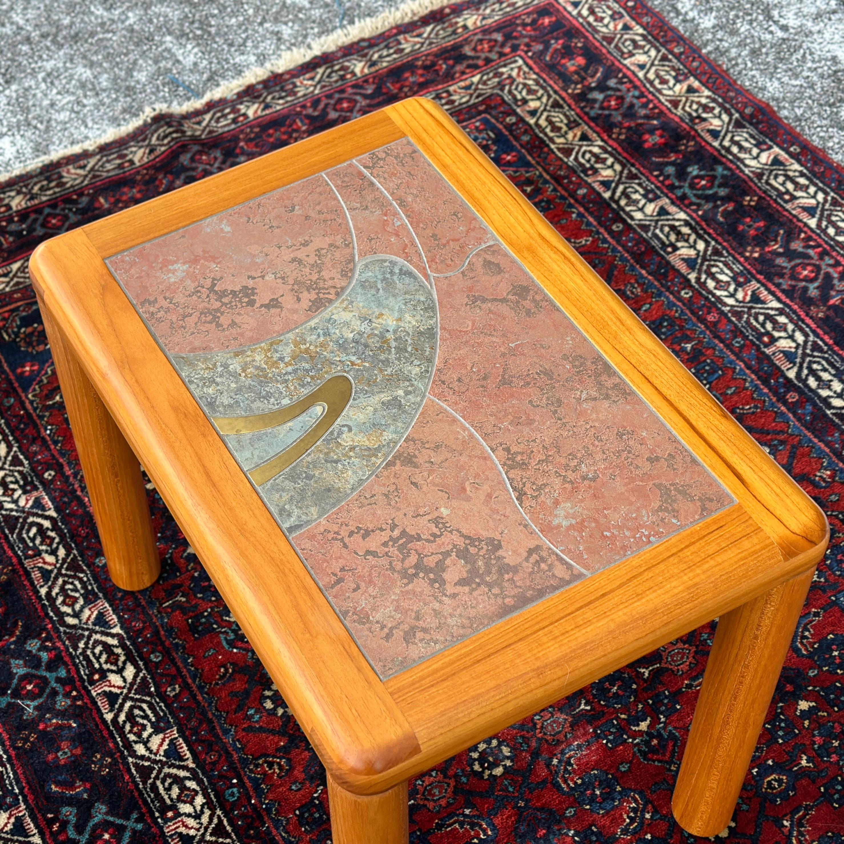 Danish Modern Haslev Teak Side Table With Tile & Brass Top by Tue Poulsen In Good Condition In West Chester, PA