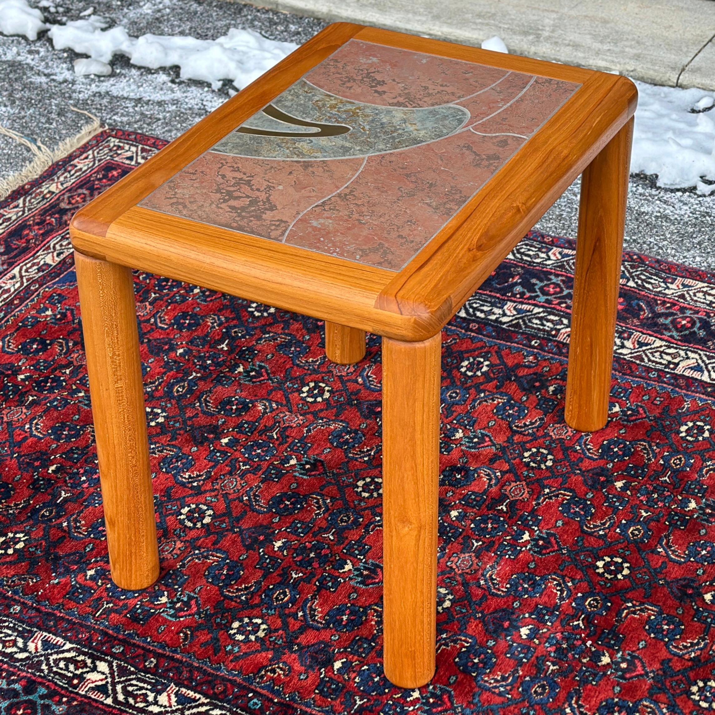 Danish Modern Haslev Teak Side Table With Tile & Brass Top by Tue Poulsen 3