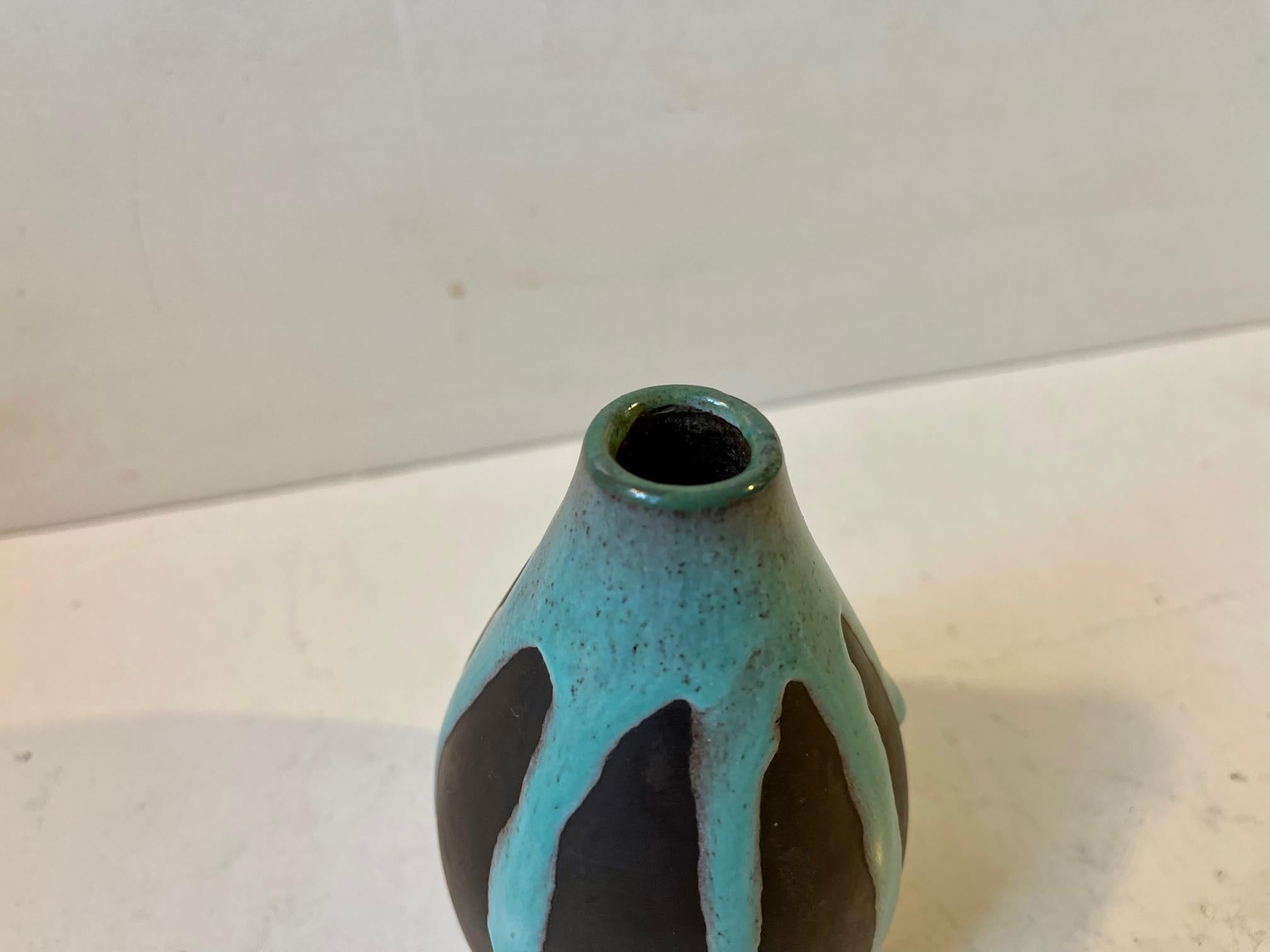 Scandinavian Modern Danish Modern Helge Østerberg Ceramic Vase with Blue Drip Glaze For Sale
