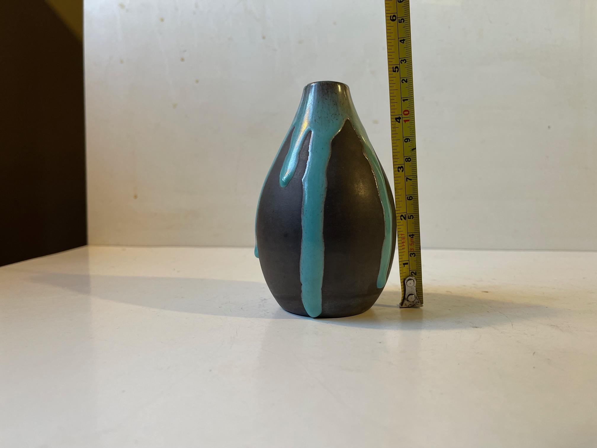 Glazed Danish Modern Helge Østerberg Ceramic Vase with Blue Drip Glaze For Sale