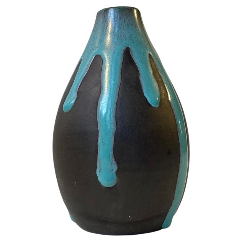 Danish Modern Helge Østerberg Ceramic Vase with Blue Drip Glaze
