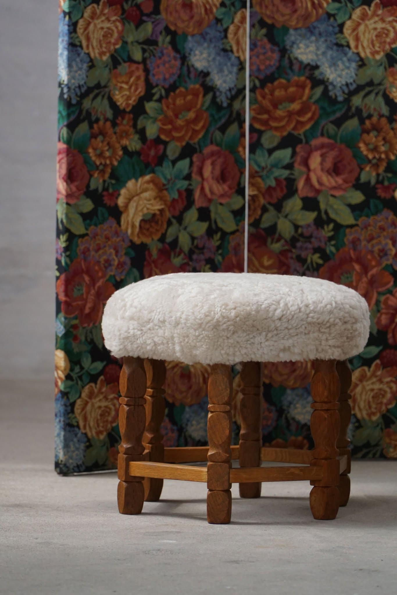 Scandinavian Modern Danish Modern Hexagonal Stool, Solid Oak & Lambswool, 1950s For Sale