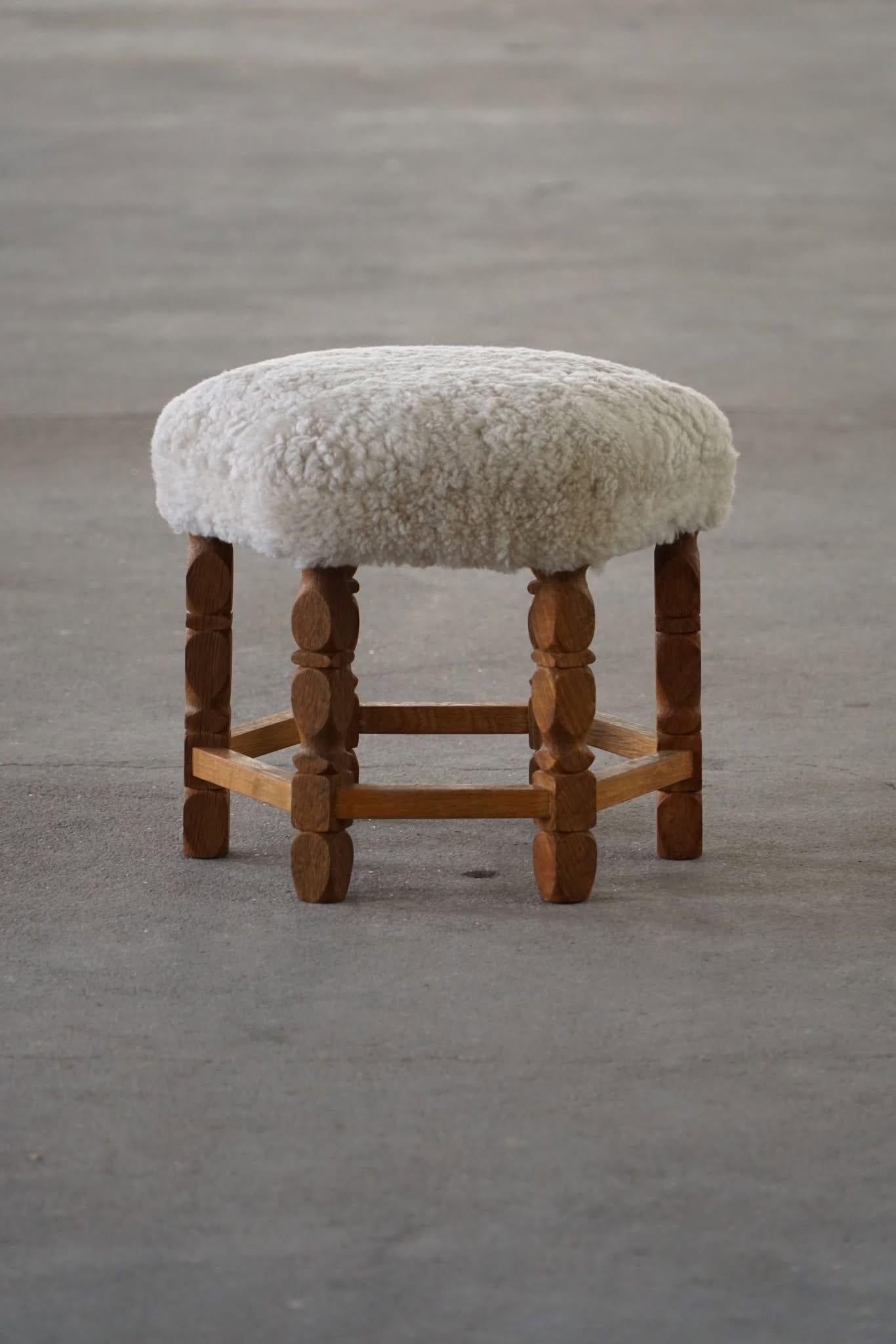 Hand-Crafted Danish Modern Hexagonal Stool, Solid Oak & Lambswool, 1950s For Sale