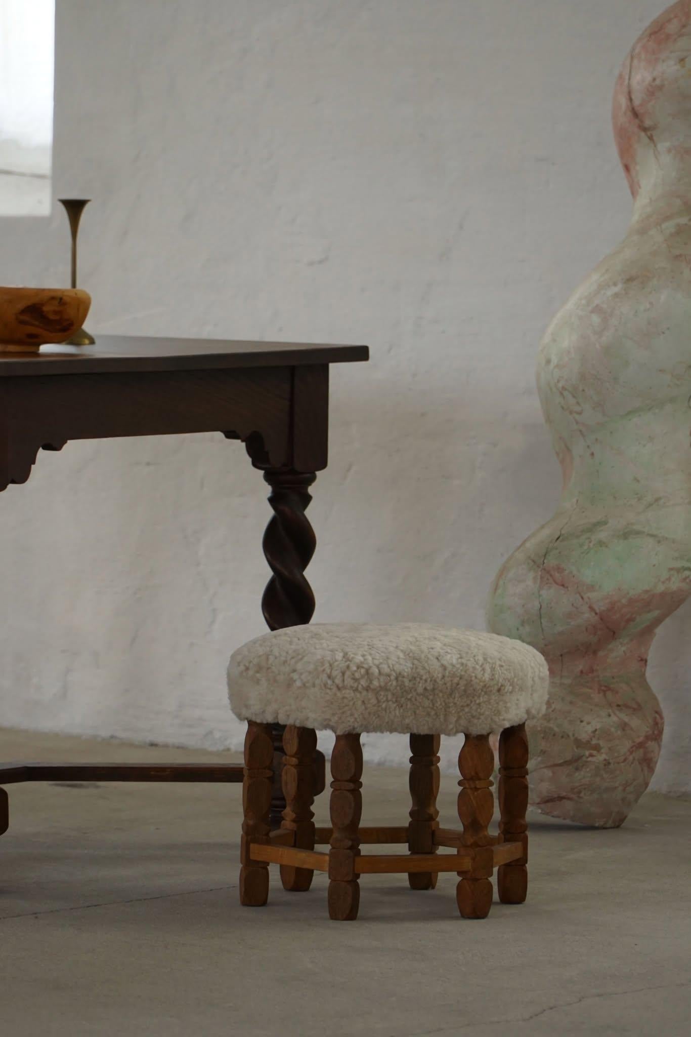20th Century Danish Modern Hexagonal Stool, Solid Oak & Lambswool, 1950s For Sale