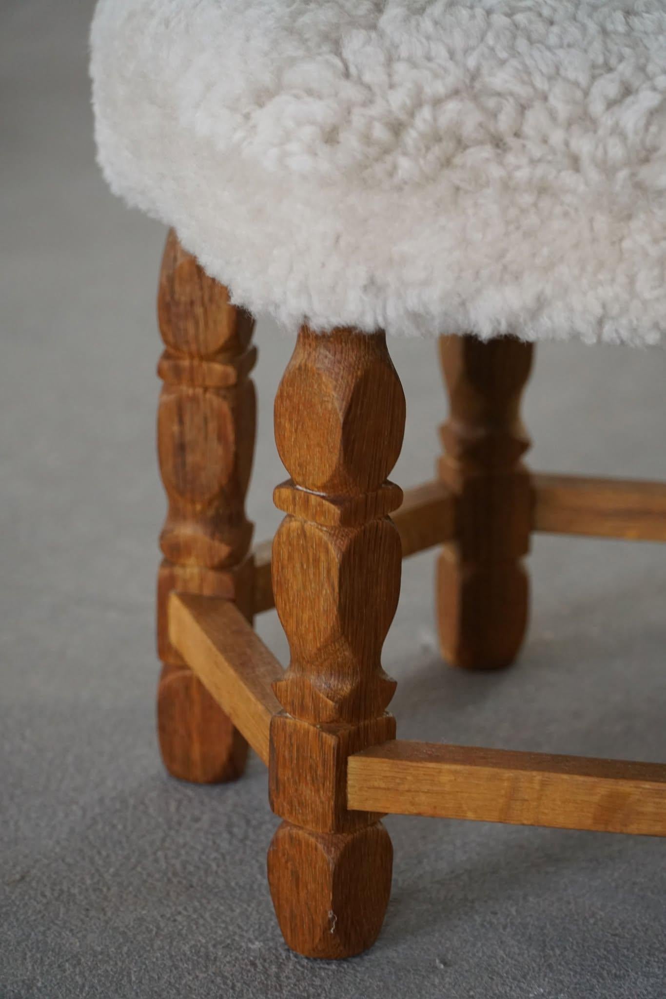 Lambskin Danish Modern Hexagonal Stool, Solid Oak & Lambswool, 1950s For Sale