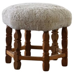 Danish Modern Hexagonal Stool, Solid Oak & Lambswool, 1950s